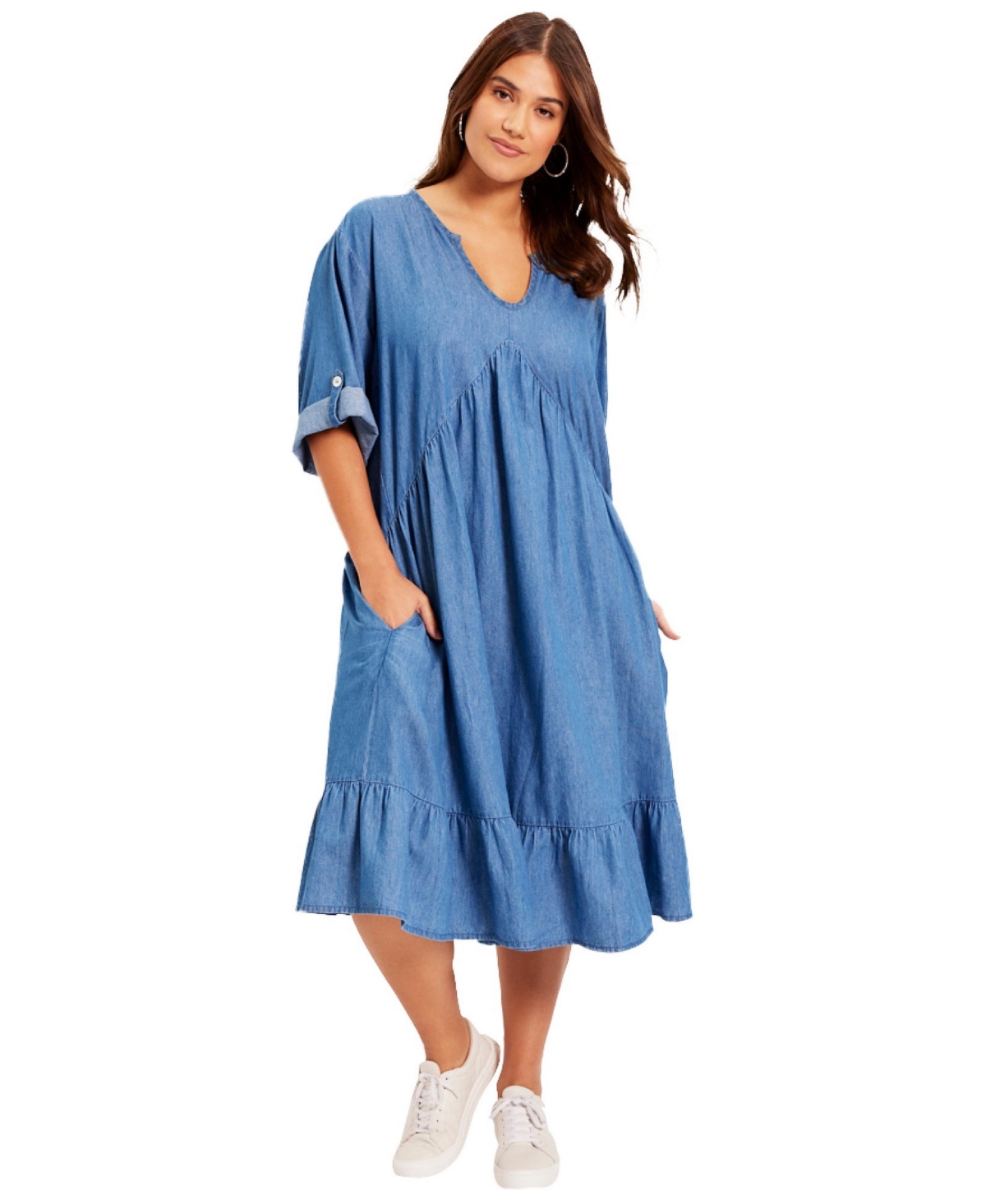 June + Vie Women’s June + Vie Ruffled Denim Dress – Medium wash