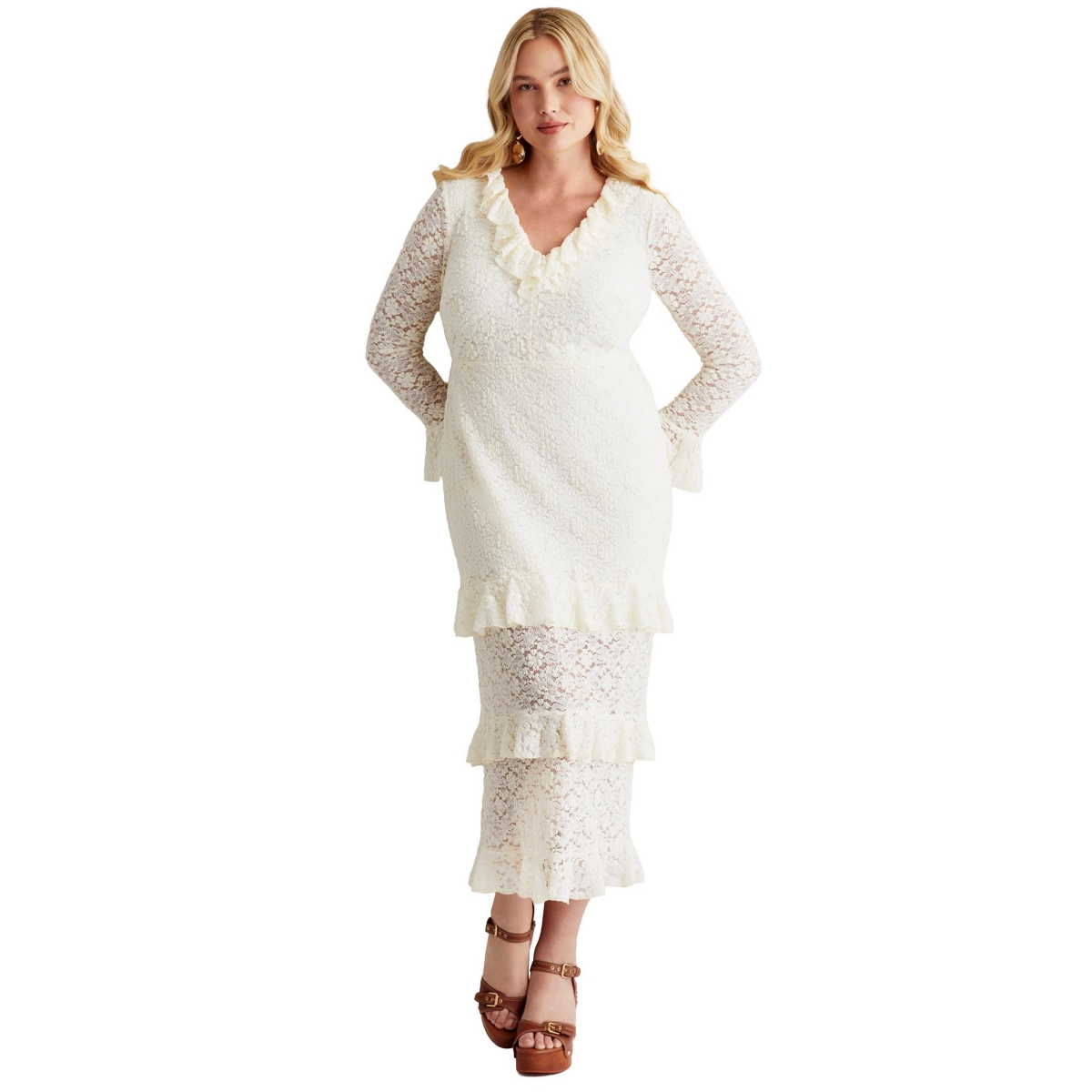 June & Vie Women’s June and Vie Ruffled Lace Maxi Dress – Warm cream