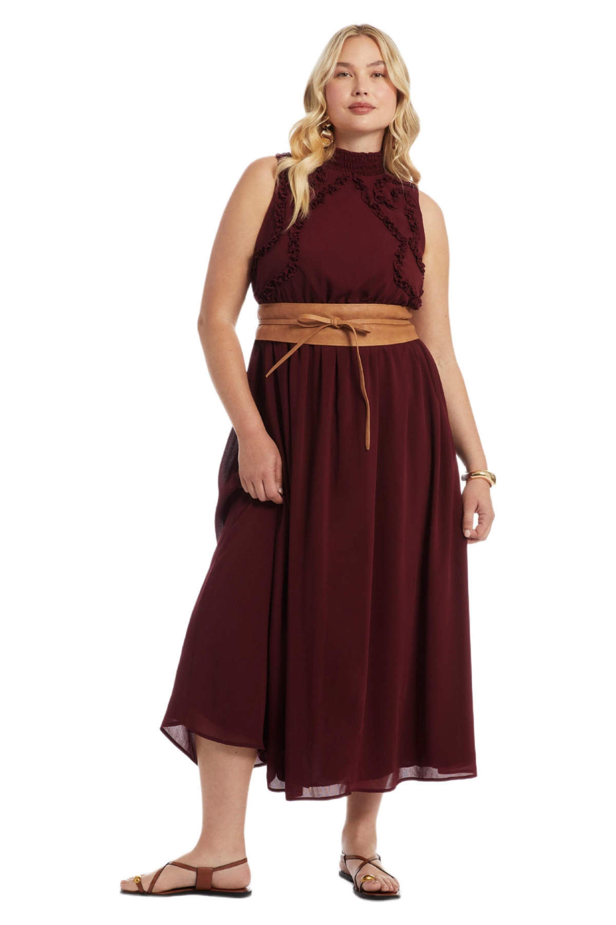 June & Vie Women’s Ruffle Detail Maxi Dress – Cabernet