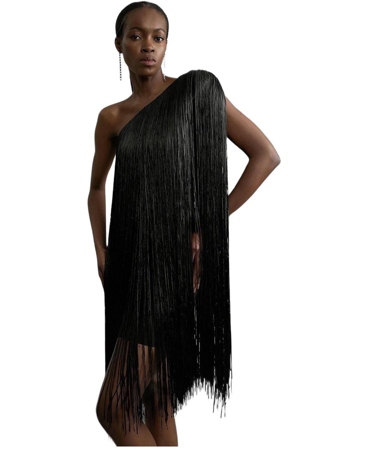 Karen Millen Women’s Asymmetric Draped Fringe Mini Dress – Black Karen Millen Women’s Asymmetric Draped Fringe Mini Dress – Black