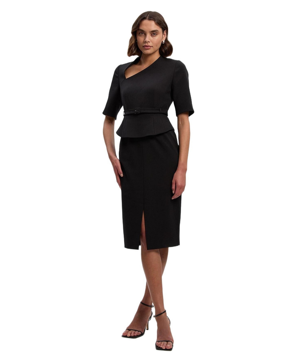 Karen Millen Women’s Asymmetric Neck Belted Pencil Midi Dress – Black Karen Millen Women’s Asymmetric Neck Belted Pencil Midi Dress – Black