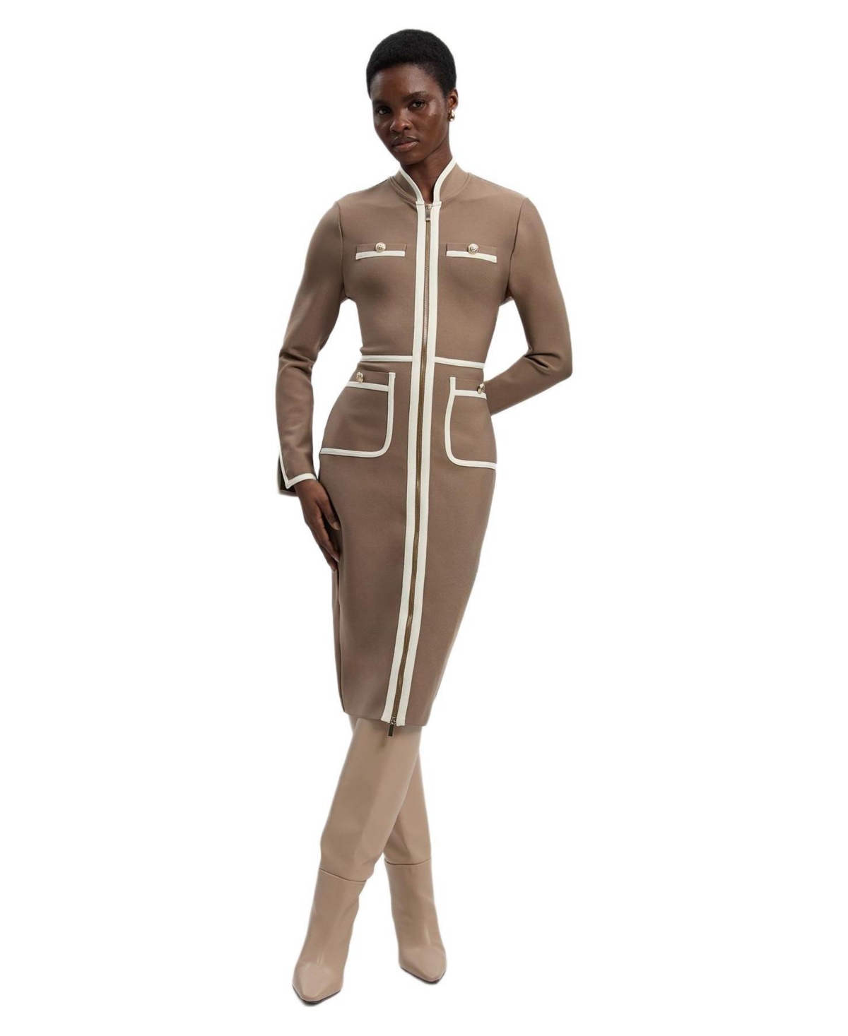 Karen Millen Women’s Bandage Military Piping Midi Dress – Taupe Karen Millen Women’s Bandage Military Piping Midi Dress – Taupe