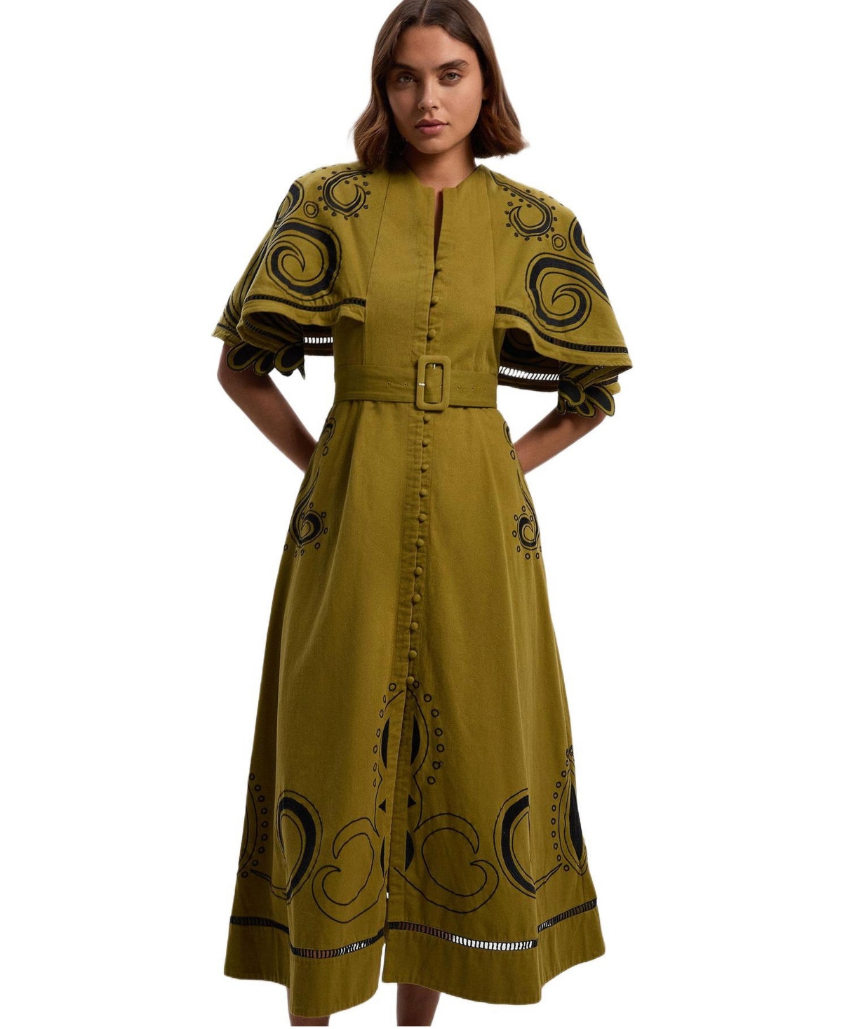 Karen Millen Women’s Baroque Cape Sleeve Midi Dress – Khaki