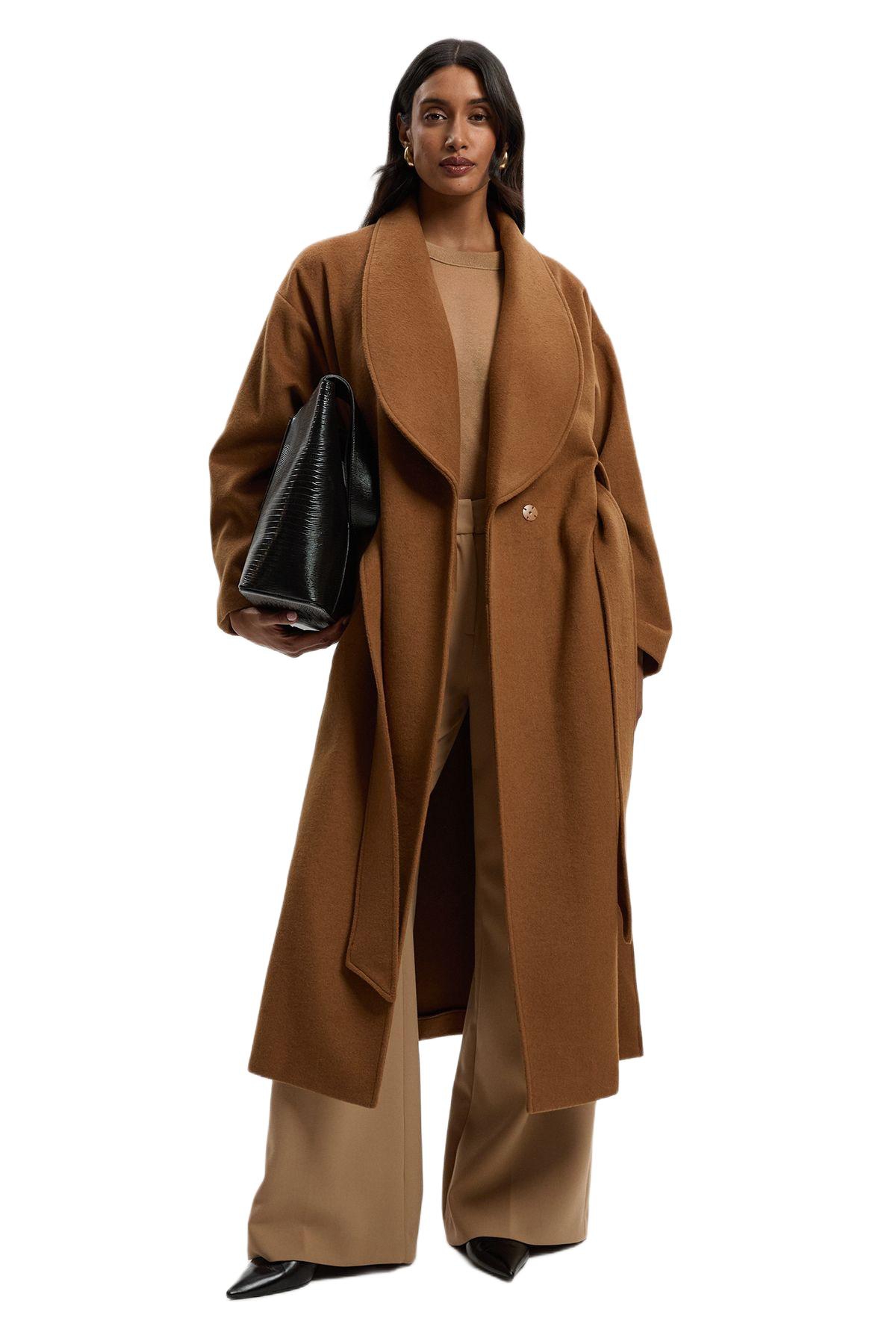 Karen Millen Women’s Brushed Wool Wrap Tailored Maxi Coat – Camel