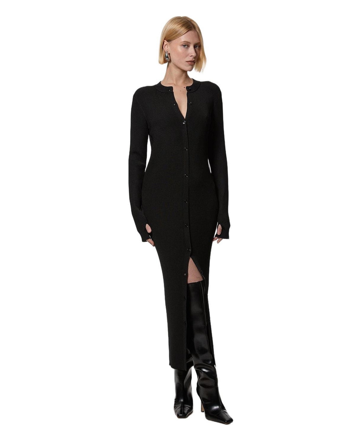 Karen Millen Women’s Button Through Ribbed Maxi Dress – Black