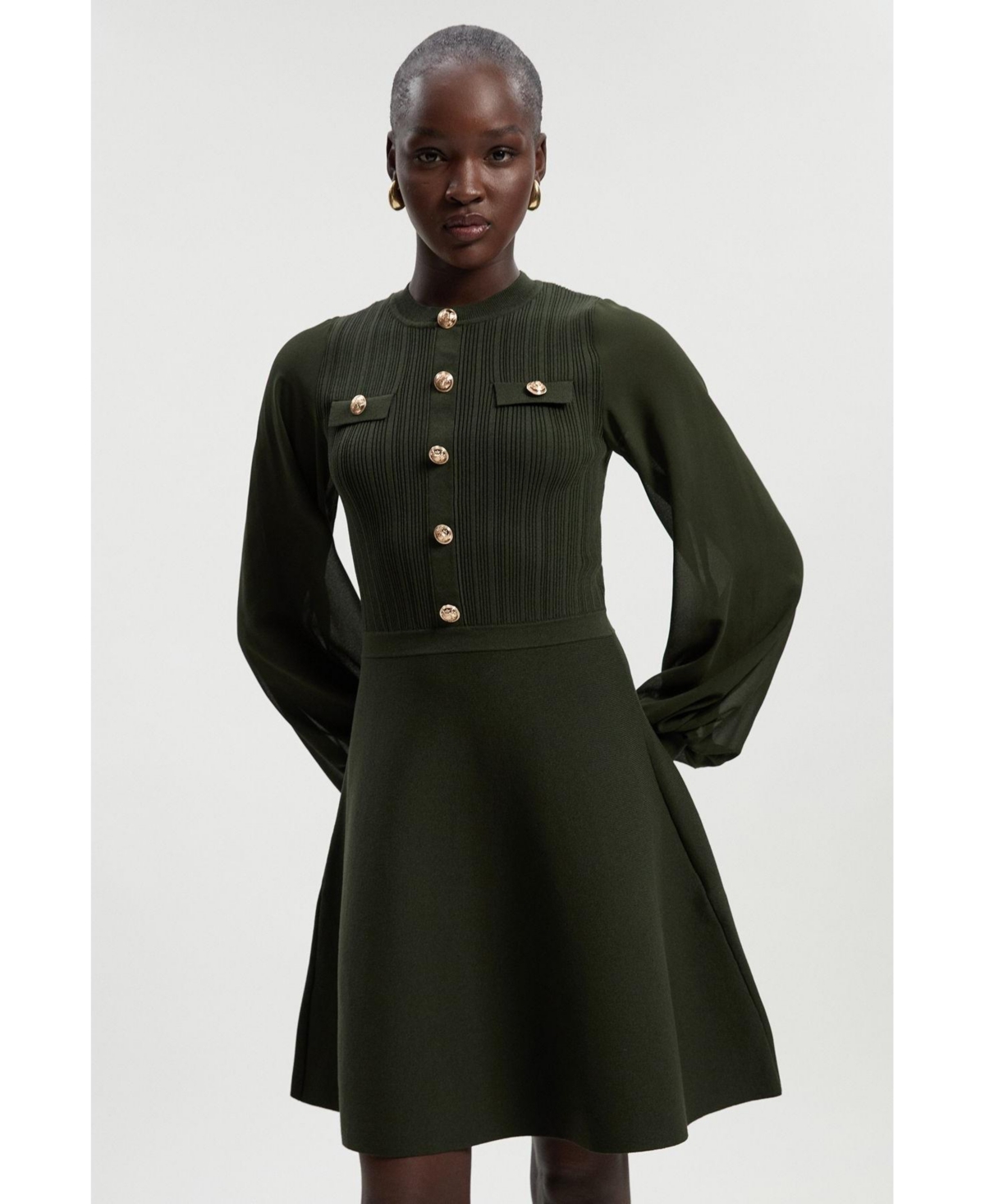 Karen Millen Women’s Chiffon Sleeve Mini Knit Dress – Olive