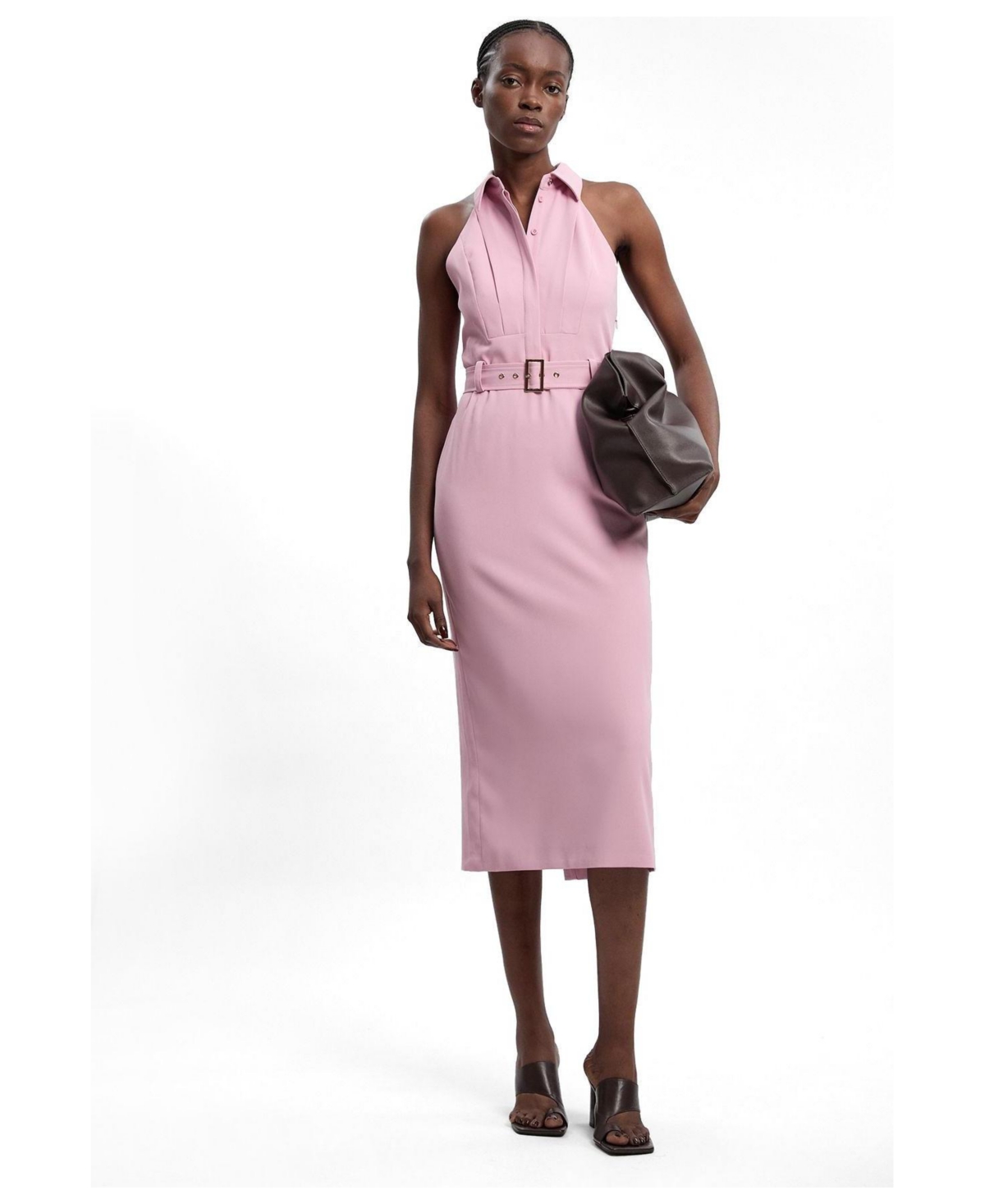 Karen Millen Women’s Collard Halter Neck Belted Midi Dress – Pink Karen Millen Women’s Collard Halter Neck Belted Midi Dress – Pink