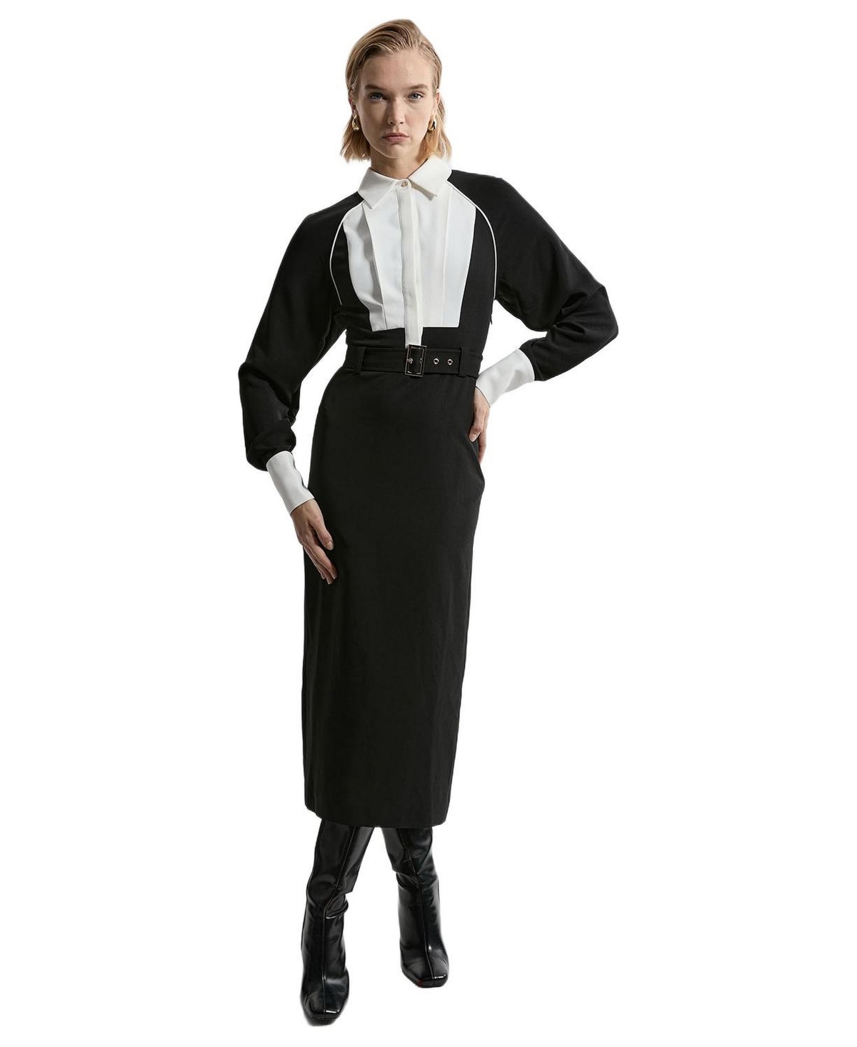 Karen Millen Women’s Contrast Collar Midi Dress – Mono