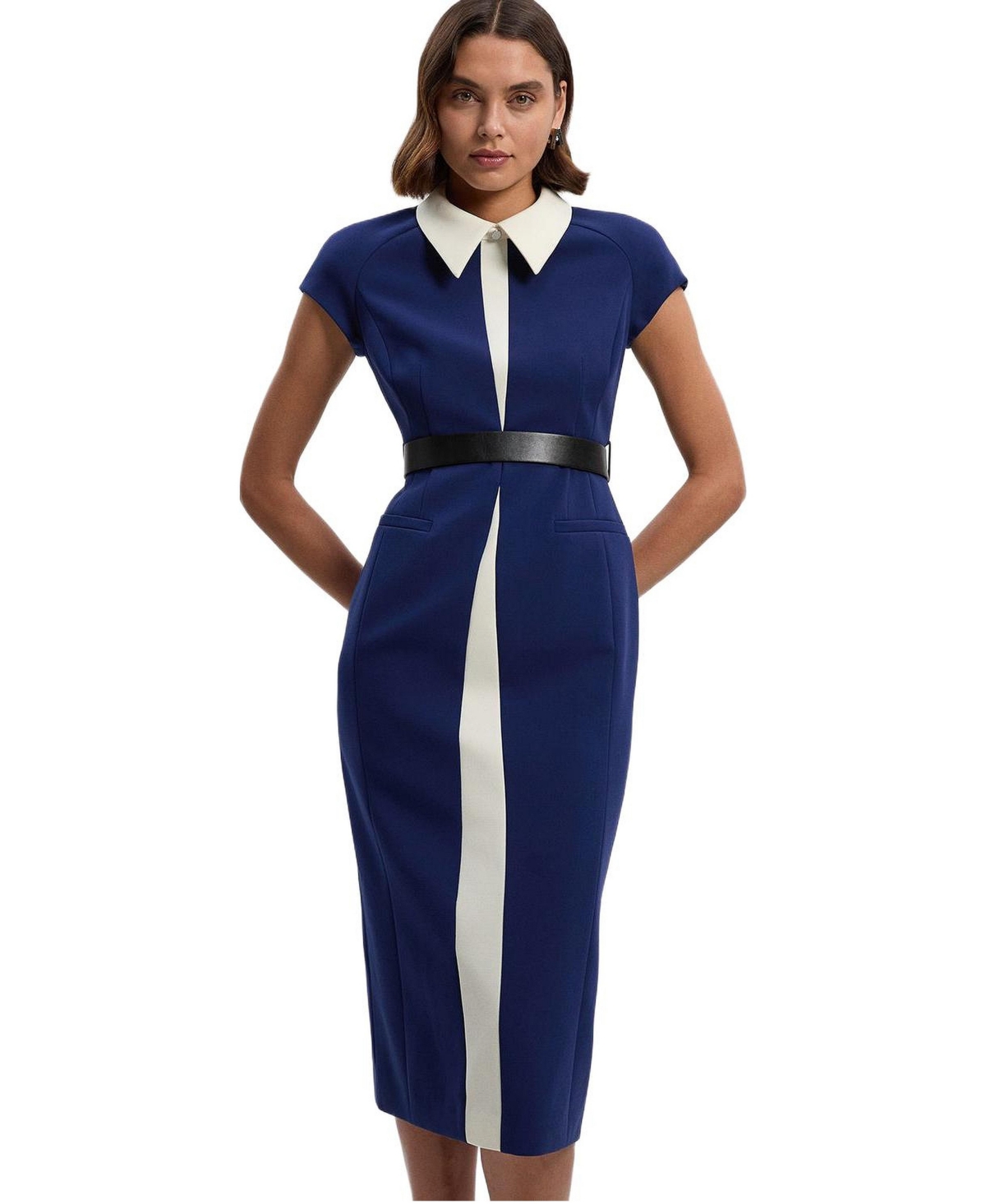 Karen Millen Women’s Contrast Collar Tailored Midi Dress – Navy Karen Millen Women’s Contrast Collar Tailored Midi Dress – Navy