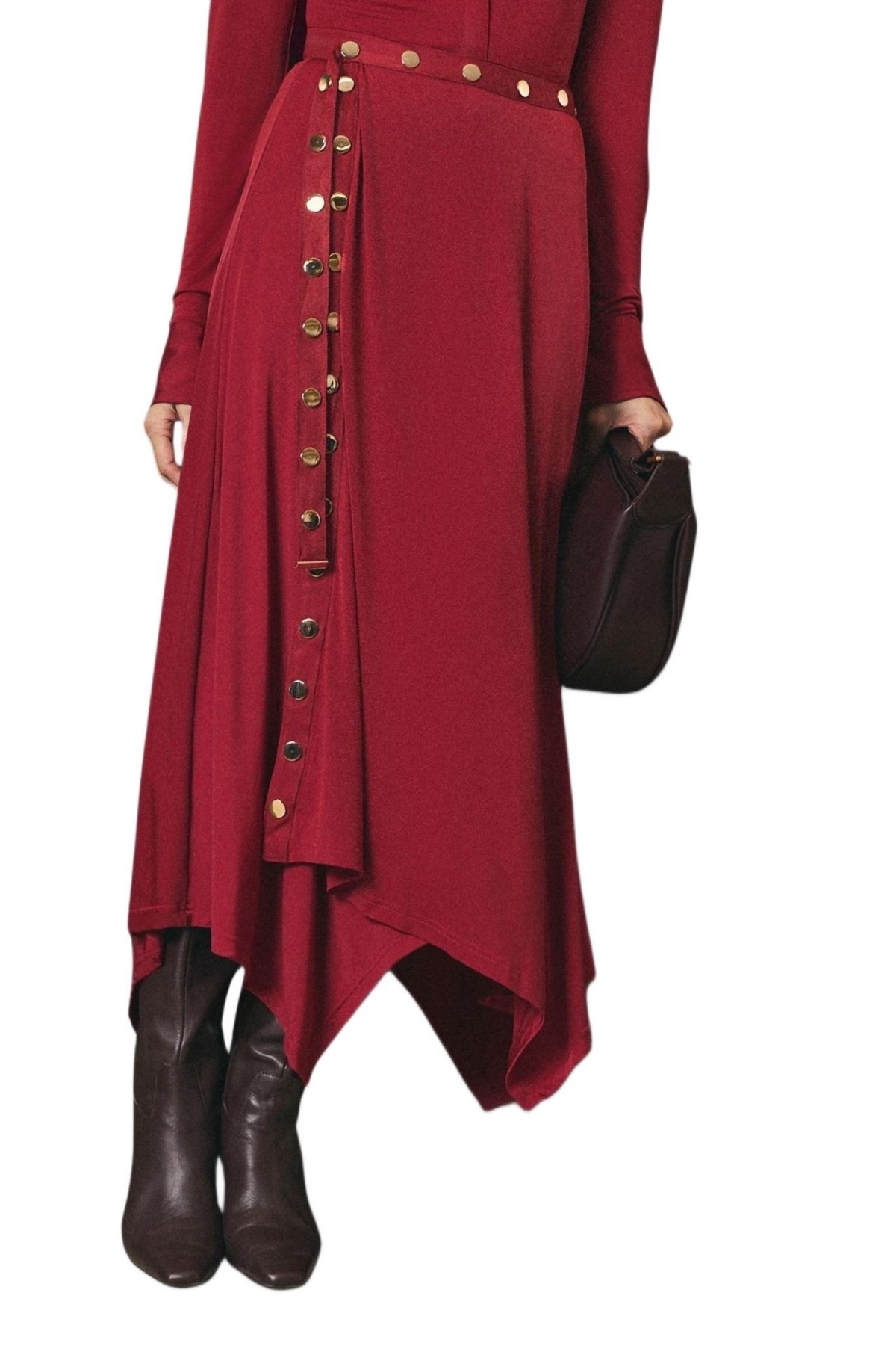 Karen Millen Women’s Crepe Hanky Hem Eyelet Maxi Skirt – Burgundy