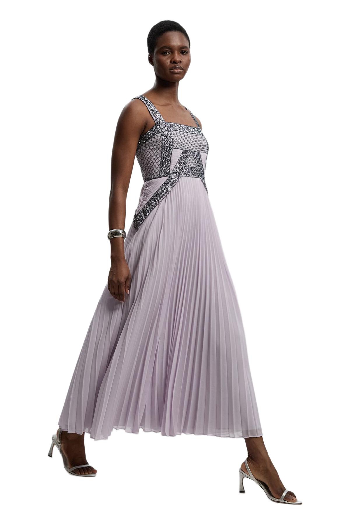 Karen Millen Women’s Embellished Pleated Woven Midi Dress – Lilac Karen Millen Women’s Embellished Pleated Woven Midi Dress – Lilac