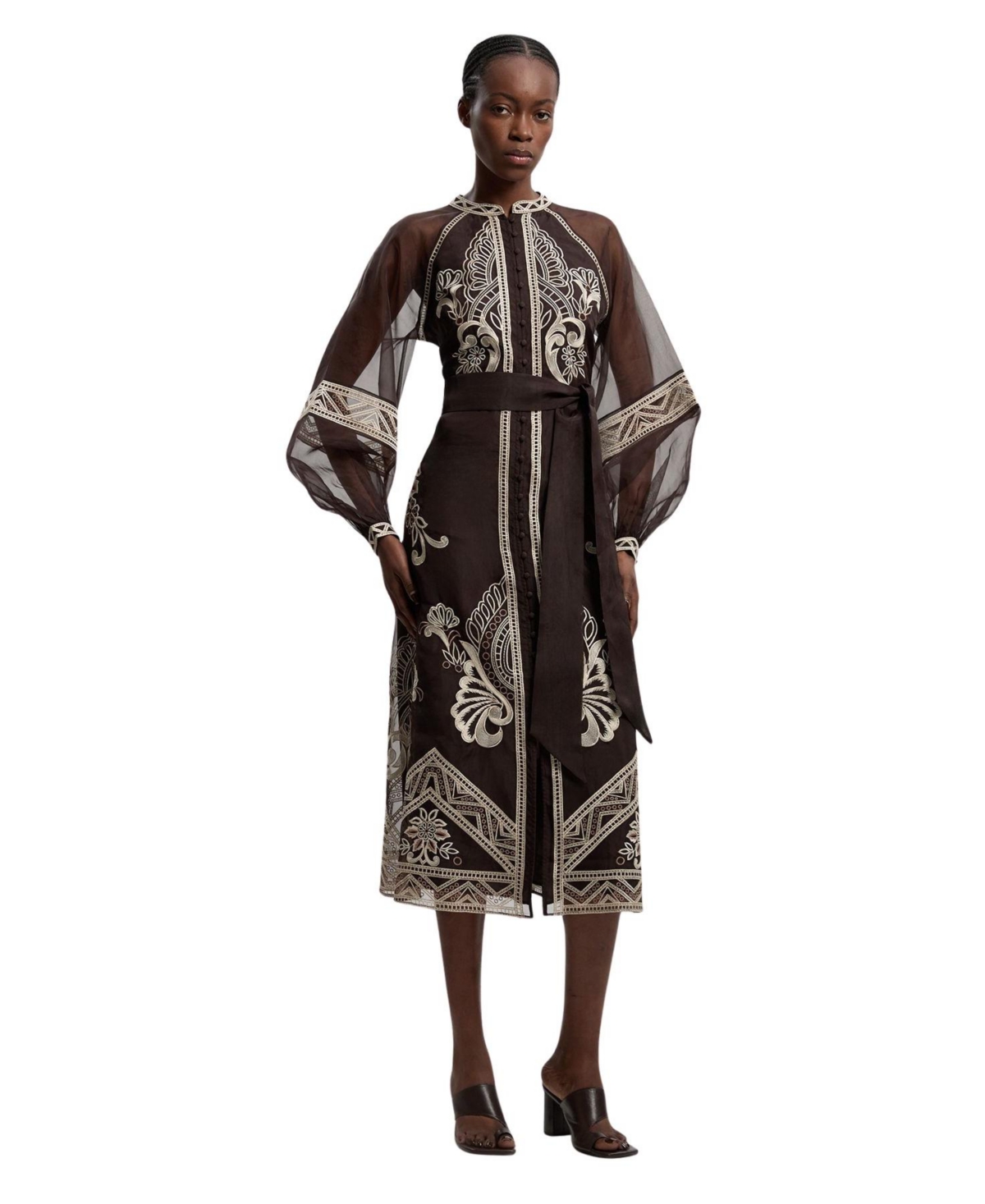 Karen Millen Women’s Embroidered Mandarin Collar Midi Dress – Chocolate Karen Millen Women’s Embroidered Mandarin Collar Midi Dress – Chocolate