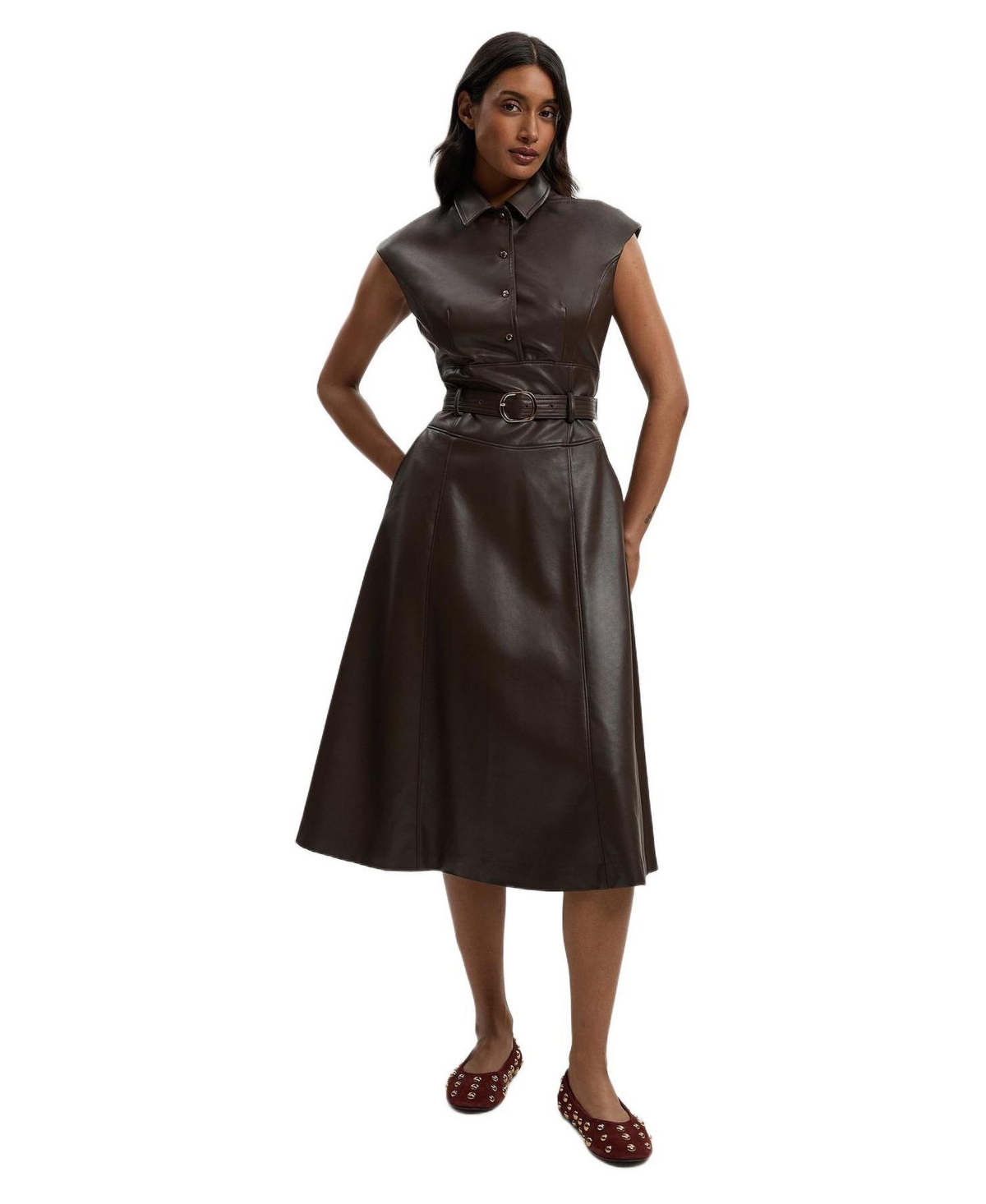 Karen Millen Women’s Faux Leather Belted Midi Dress – Chocolate Karen Millen Women’s Faux Leather Belted Midi Dress – Chocolate