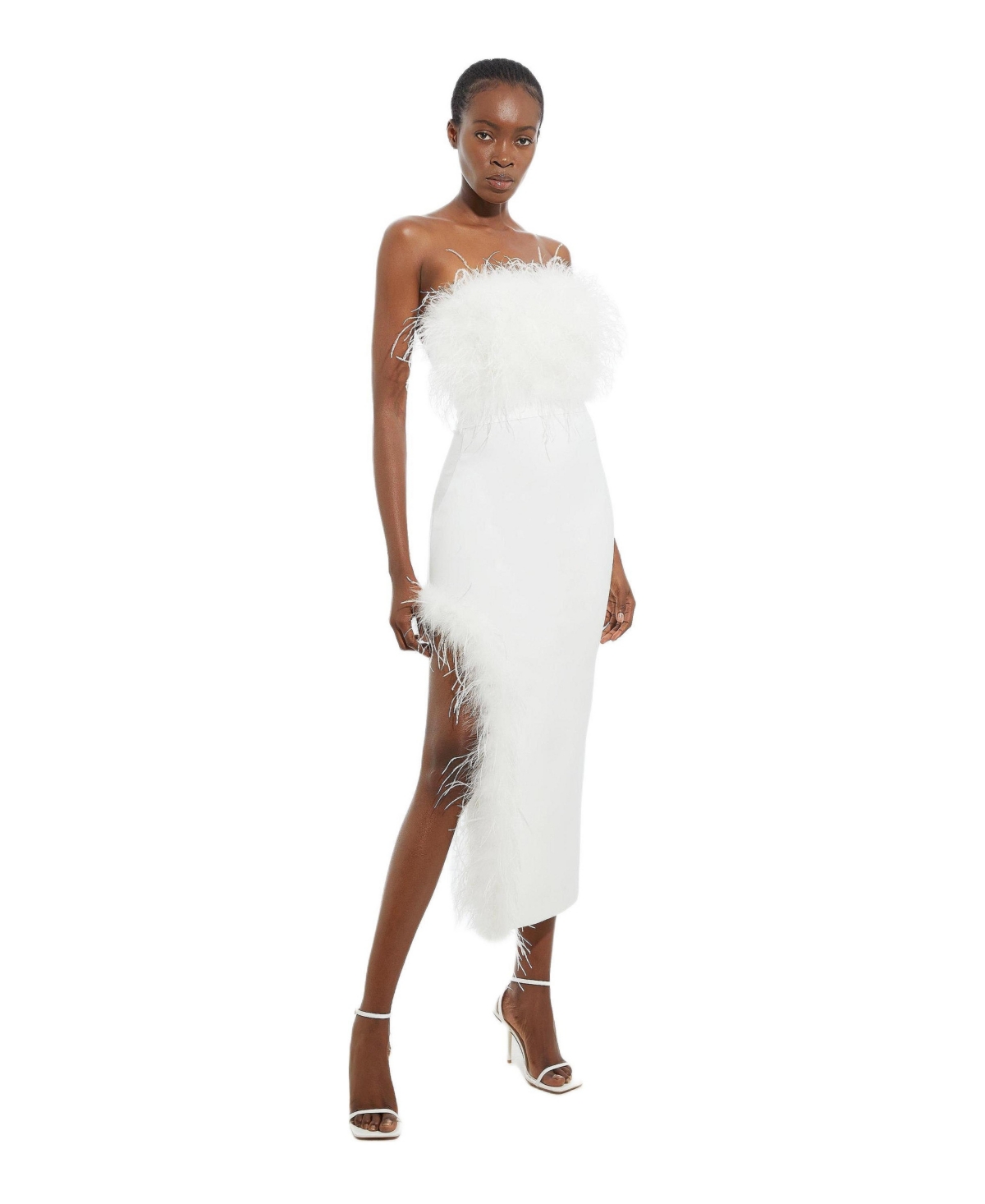 Karen Millen Women’s Feather Detail Bandeau Knit Midi Dress – Ivory