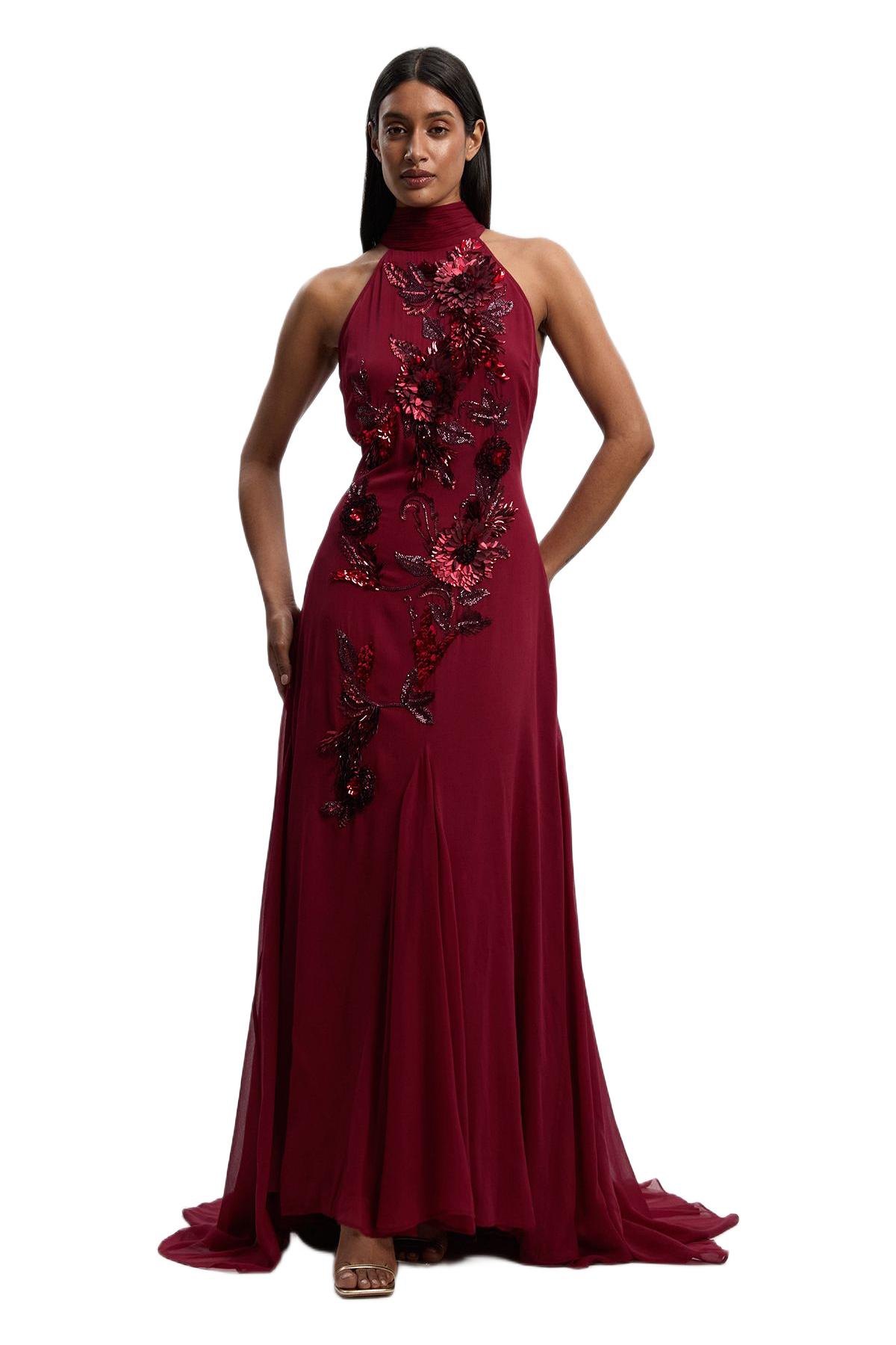 Karen Millen Women’s Feather Embellished Halter Maxi Dress – Wine Karen Millen Women’s Feather Embellished Halter Maxi Dress – Wine
