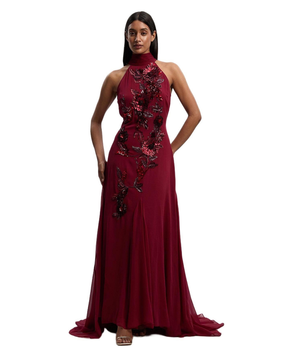 Karen Millen Women’s Feather Halter Maxi Dress – Wine