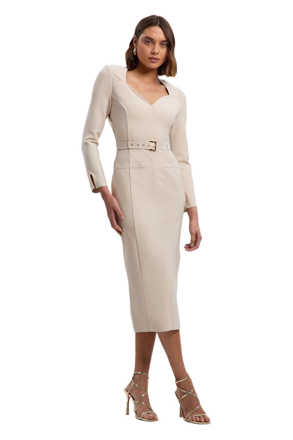 Karen Millen Women’s Figure Form Bandage Belted Midi Dress – Stone Karen Millen Women’s Figure Form Bandage Belted Midi Dress – Stone