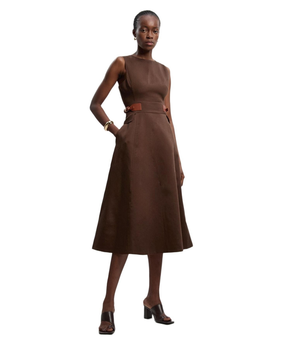 Karen Millen Women’s Fitted Belt Crew Neck Midi Dress – Chocolate