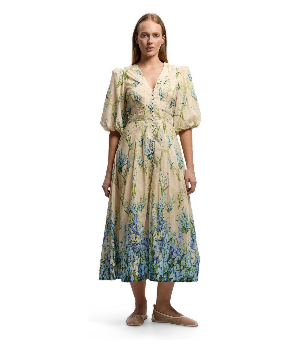 Karen Millen Women’s Floral Puff Sleeve Midi Dress – Blue