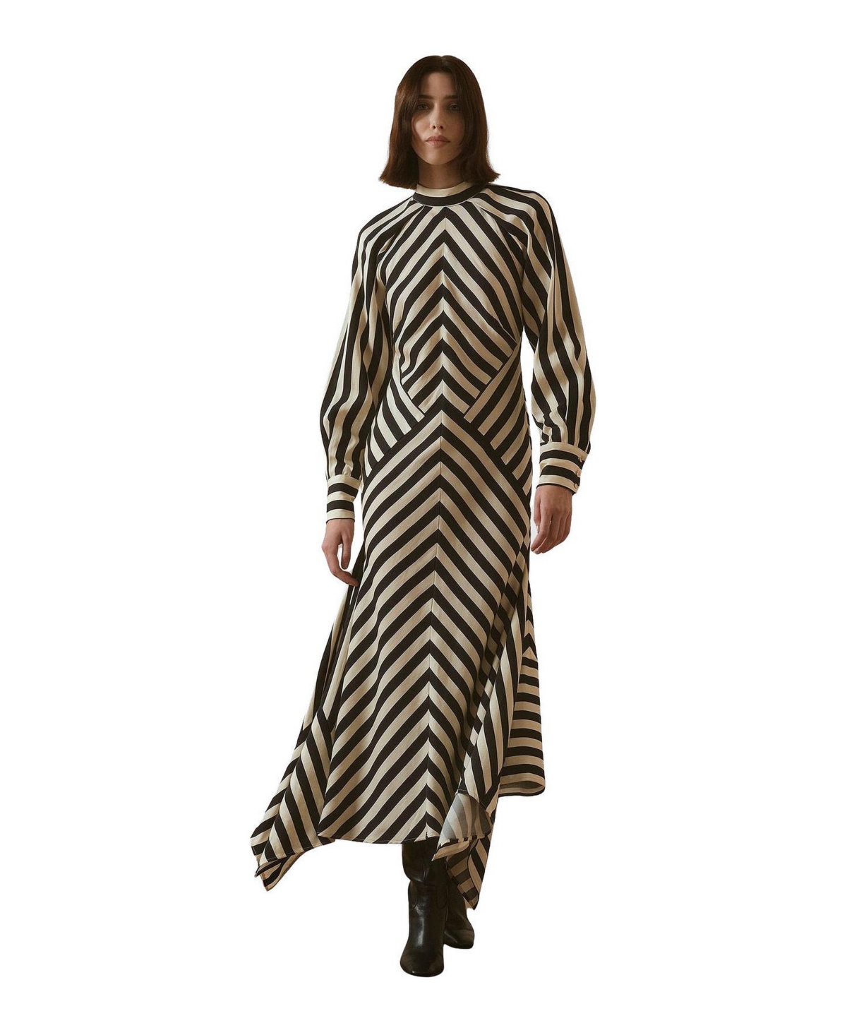 Karen Millen Women’s Fluid Stripe Long-Sleeve Asymmetric-Hem Maxi Dress – Mono Karen Millen Women’s Fluid Stripe Long-Sleeve Asymmetric-Hem Maxi Dress – Mono