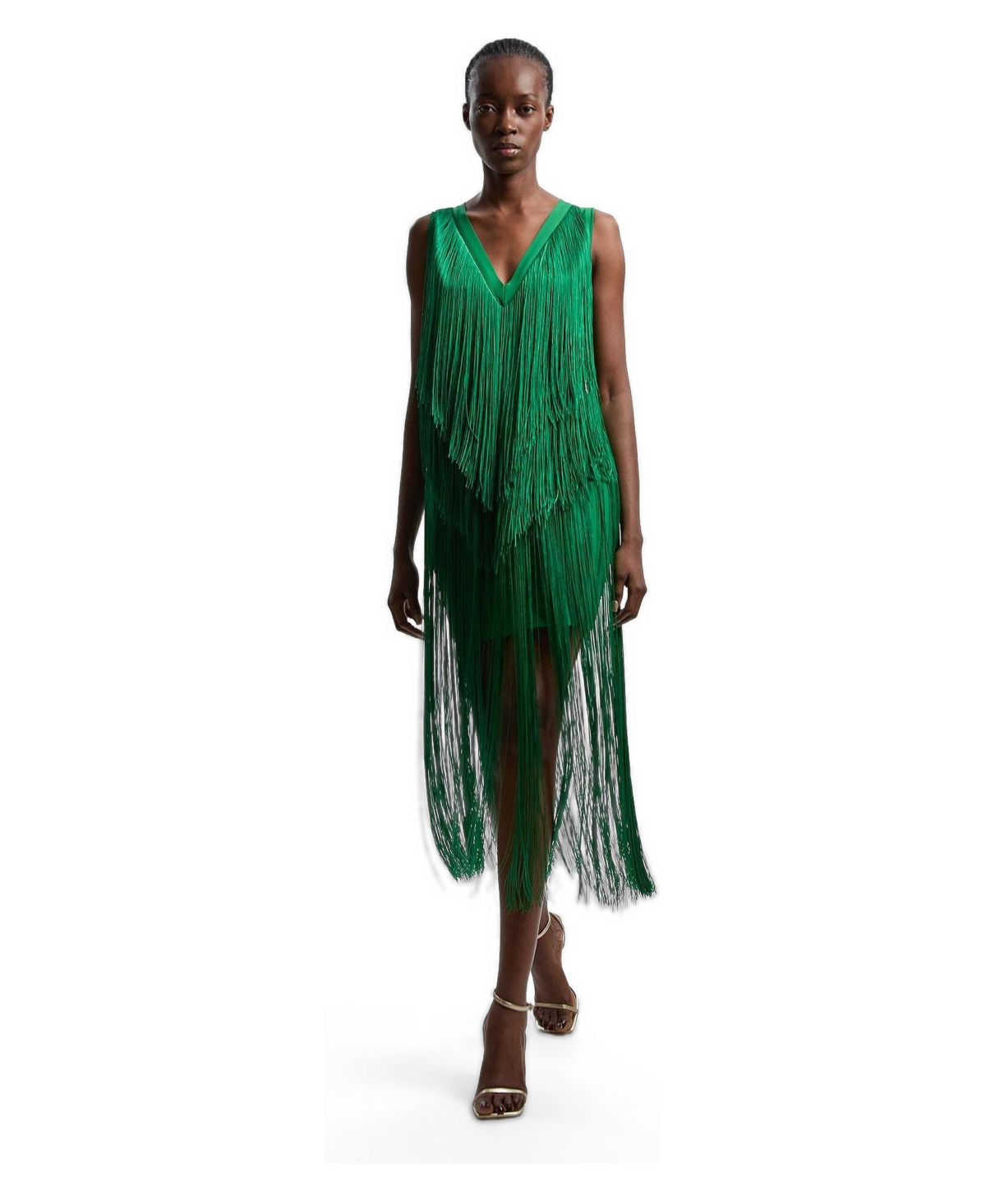 Karen Millen Women’s Fringe Bandage V-Neck Midi Dress – Green Karen Millen Women’s Fringe Bandage V-Neck Midi Dress – Green