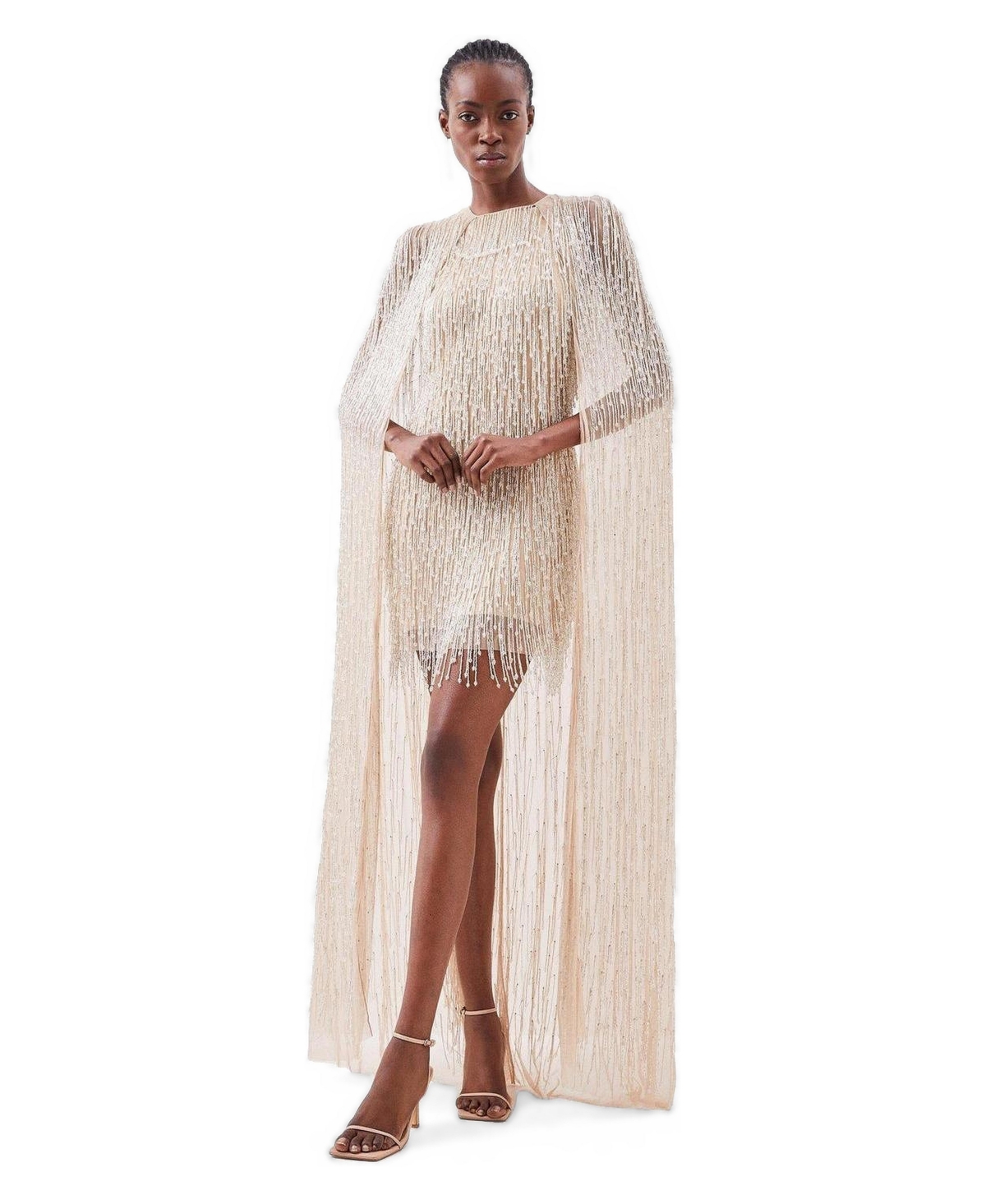 Karen Millen Women’s Fringe Cape Mini Dress – Silver Karen Millen Women’s Fringe Cape Mini Dress – Silver