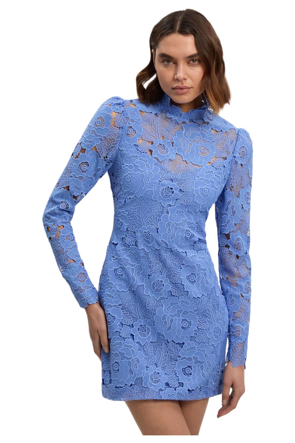 Karen Millen Women’s Guipure Lace High Neck Woven Mini Dress – Pale blue Karen Millen Women’s Guipure Lace High Neck Woven Mini Dress – Pale blue