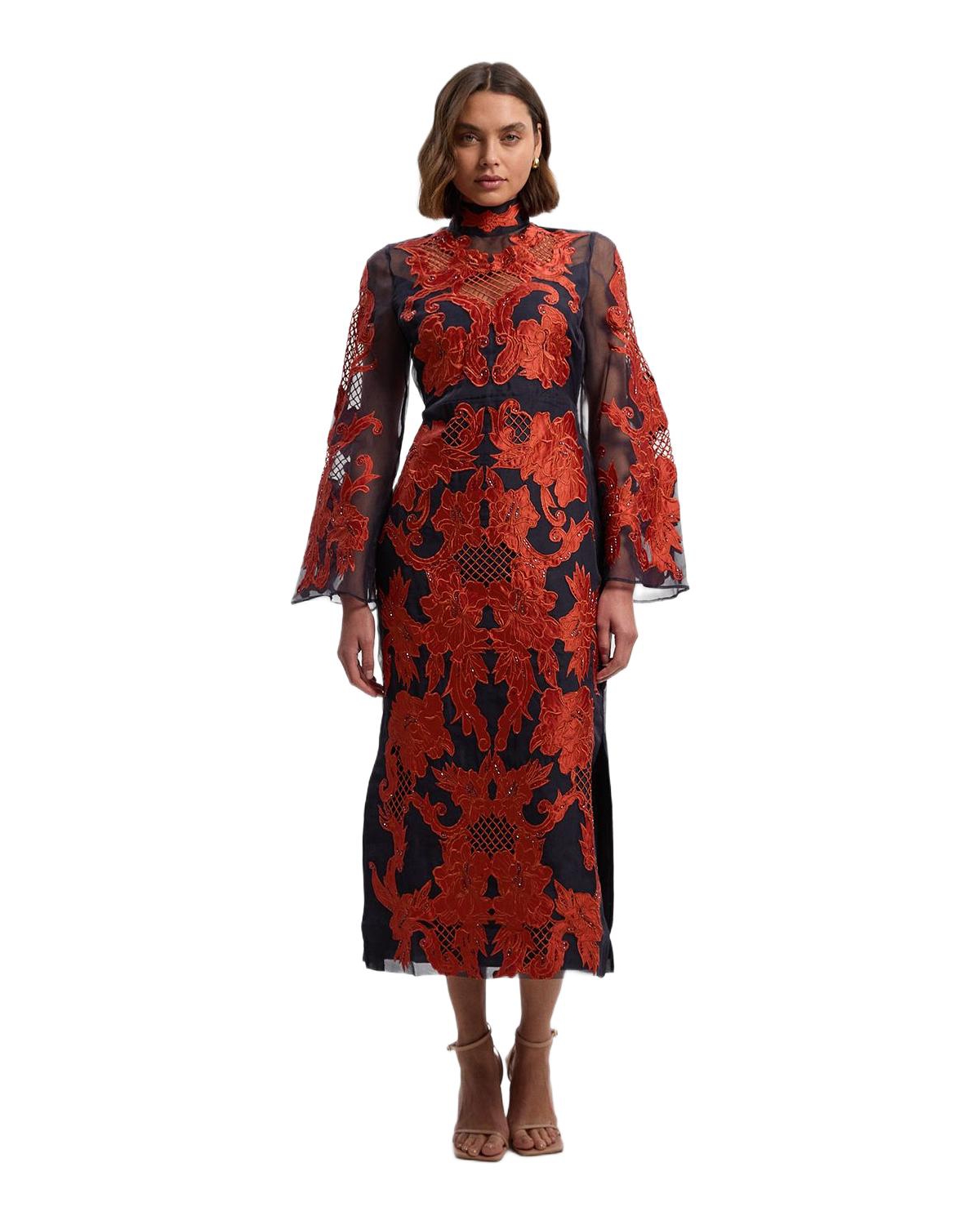 Karen Millen Women’s High Neck Embroidered Midi Dress – Navy