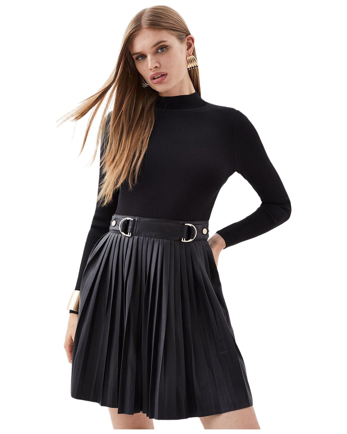 Karen Millen Women’s Knitted Top Pleated Skater Dress – Black Karen Millen Women’s Knitted Top Pleated Skater Dress – Black