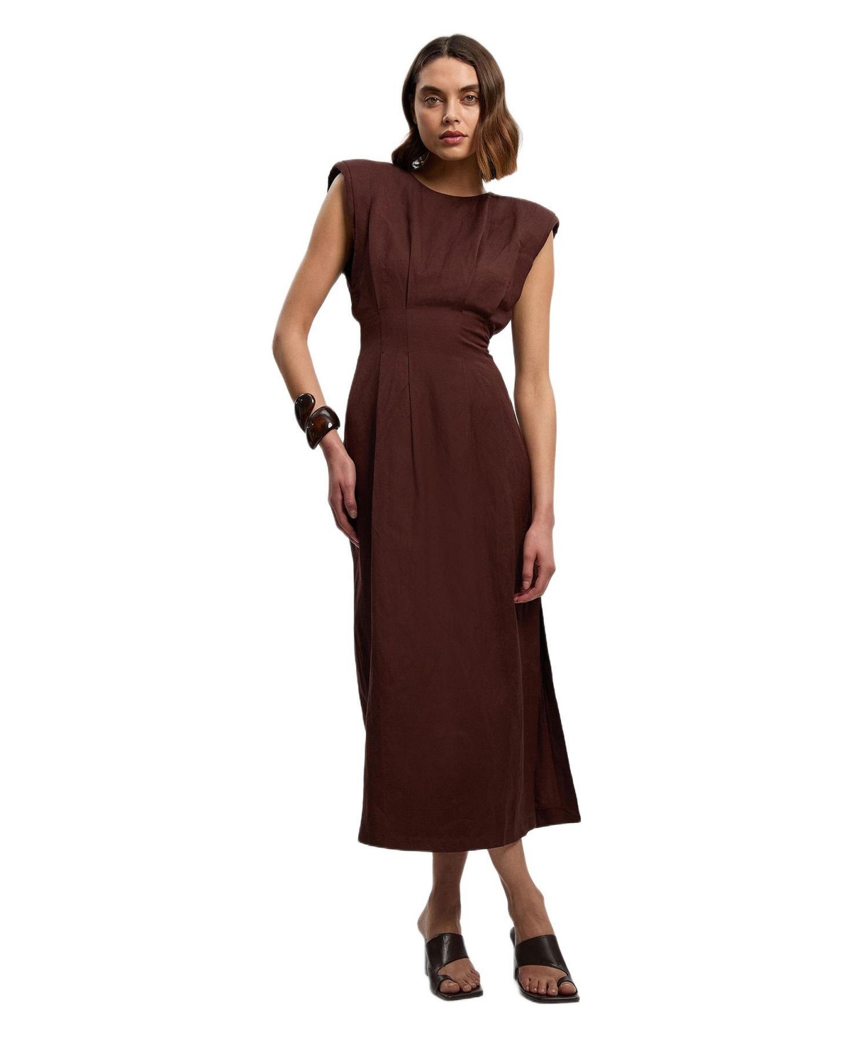 Karen Millen Women’s Linen Blend Pintuck Midi Dress – Chocolate Karen Millen Women’s Linen Blend Pintuck Midi Dress – Chocolate
