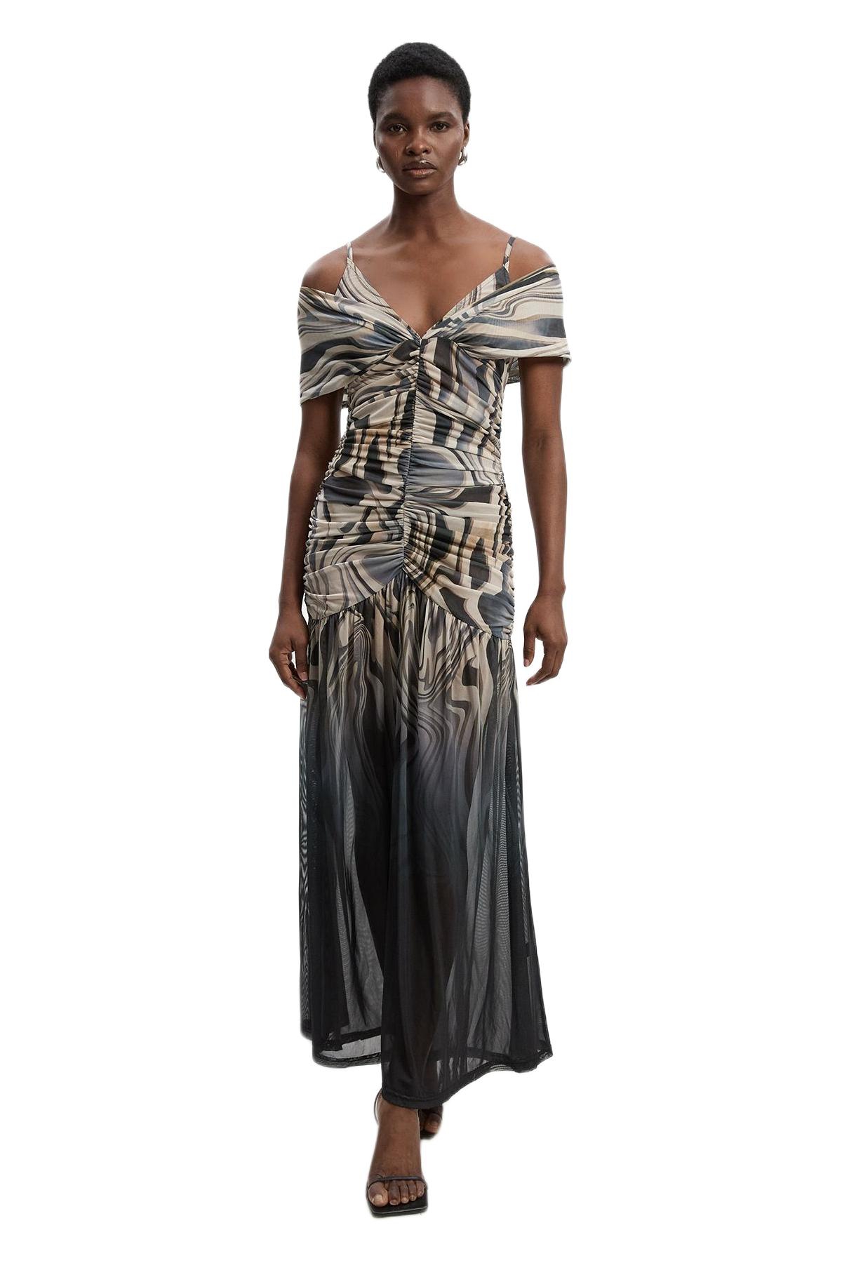 Karen Millen Women’s Marble Print Mesh Plunge Maxi Dress – Mono Karen Millen Women’s Marble Print Mesh Plunge Maxi Dress – Mono