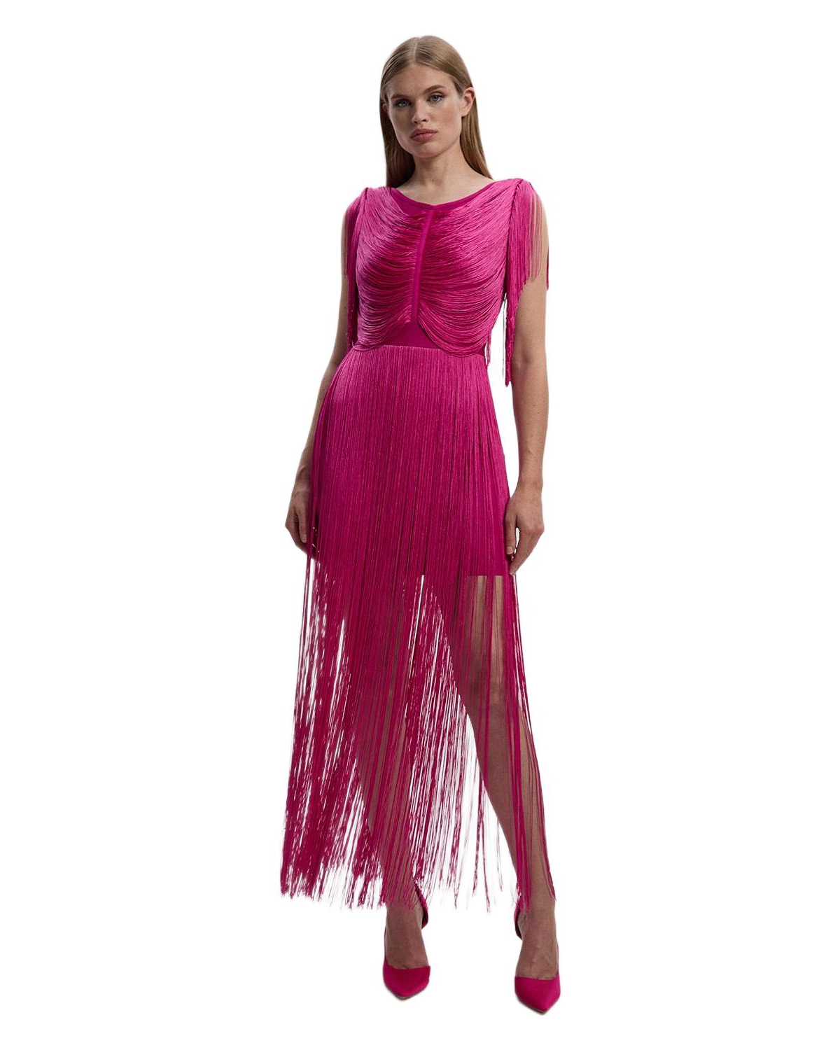 Karen Millen Women’s Maxi Draped Fringe Knitted Mini Dress – Magenta Karen Millen Women’s Maxi Draped Fringe Knitted Mini Dress – Magenta