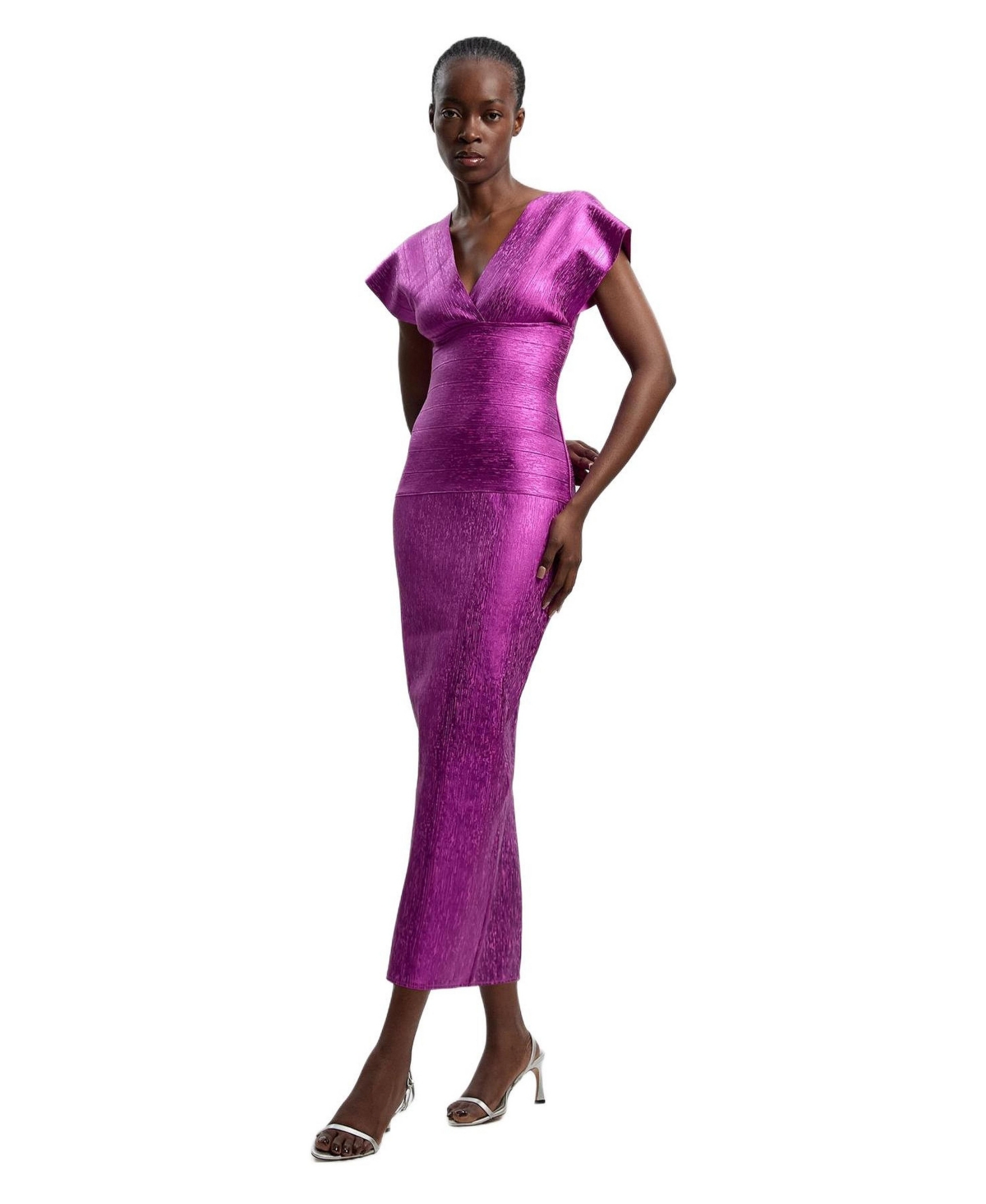 Karen Millen Women’s Metallic Angel Sleeve Knit Midi Dress – Magenta