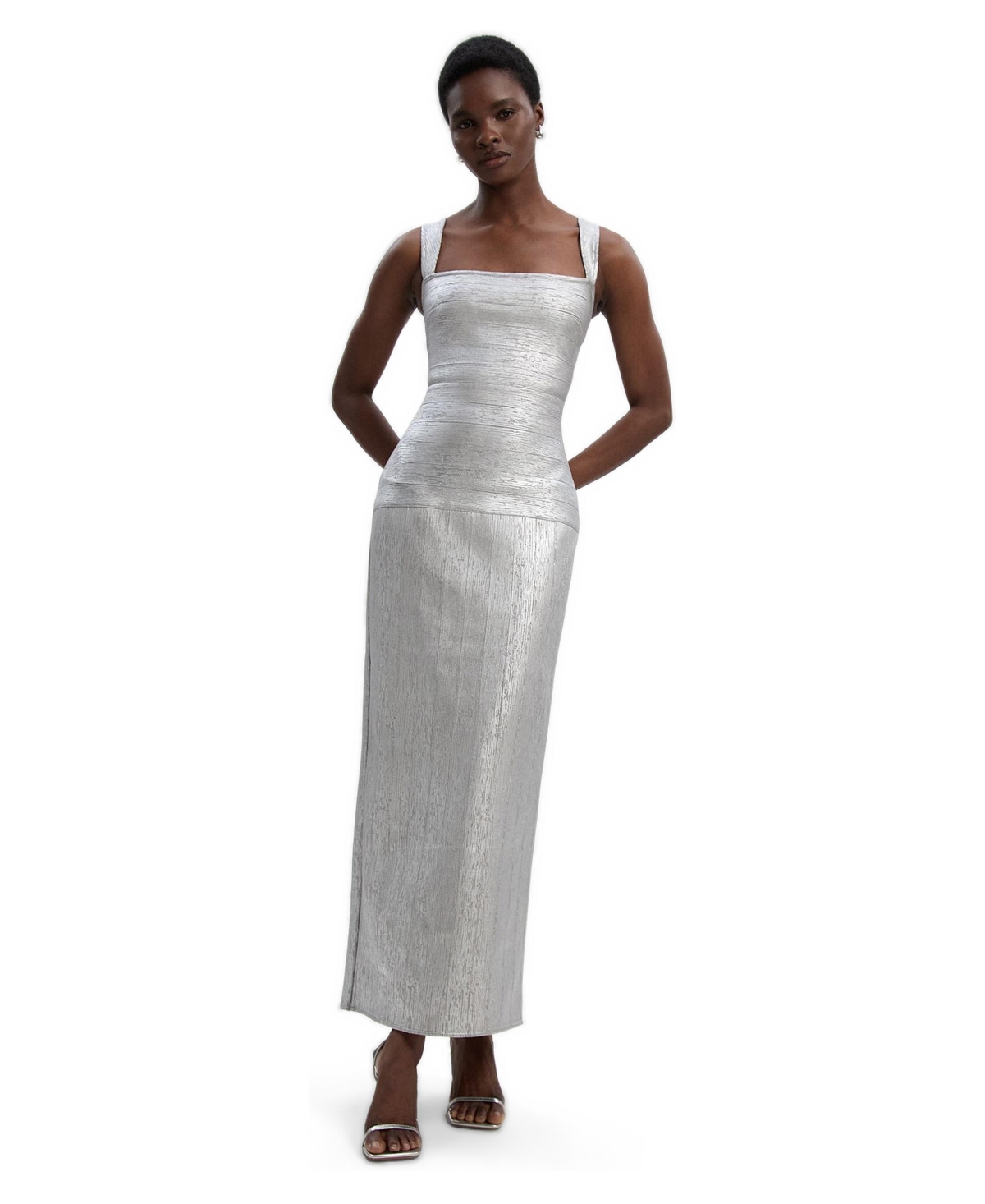 Karen Millen Women’s Metallic Strappy Knit Maxi Dress – Silver