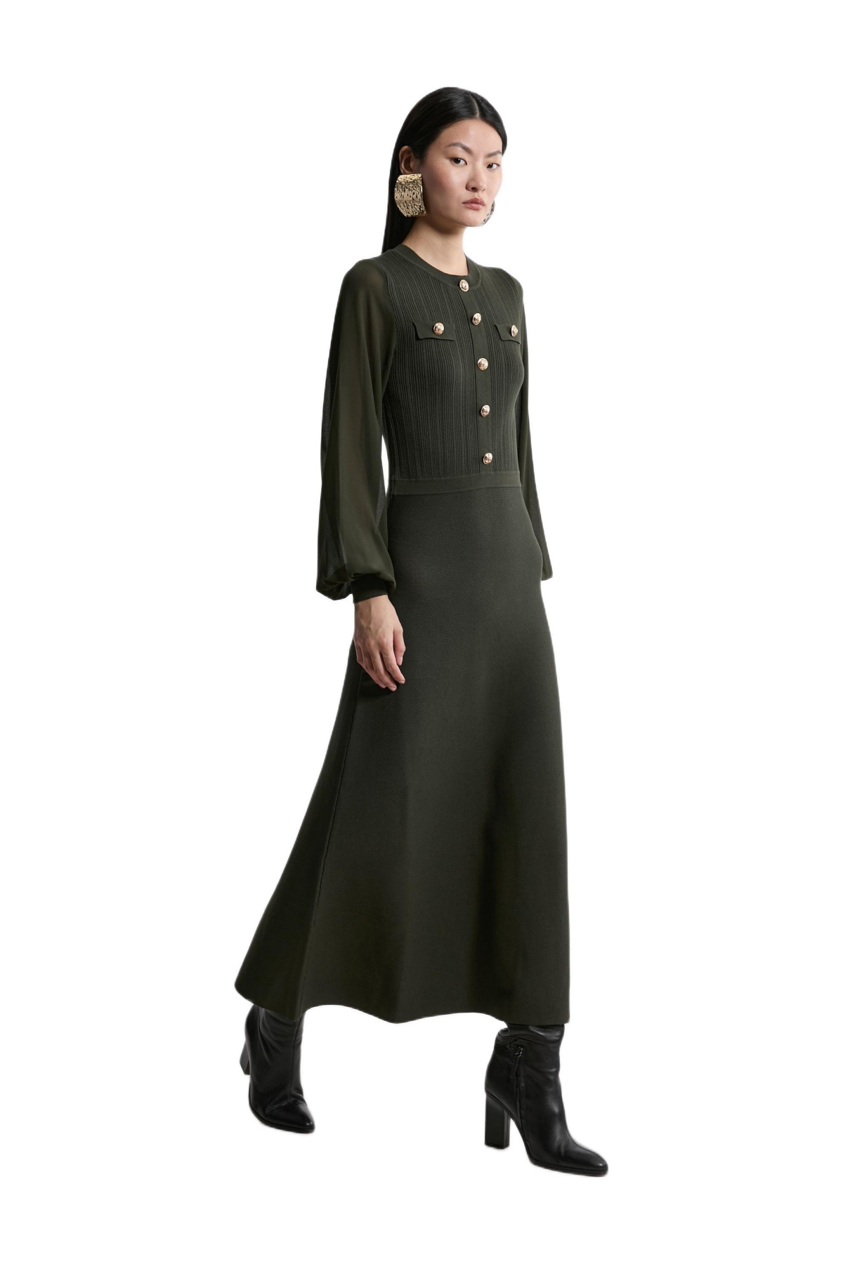Karen Millen Women’s Military-Trim Chiffon-Sleeve Knit Dress – Olive
