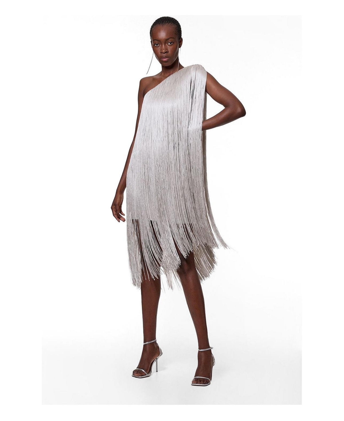 Karen Millen Women’s One-Shoulder Fringe Mini Dress – Silver Karen Millen Women’s One-Shoulder Fringe Mini Dress – Silver