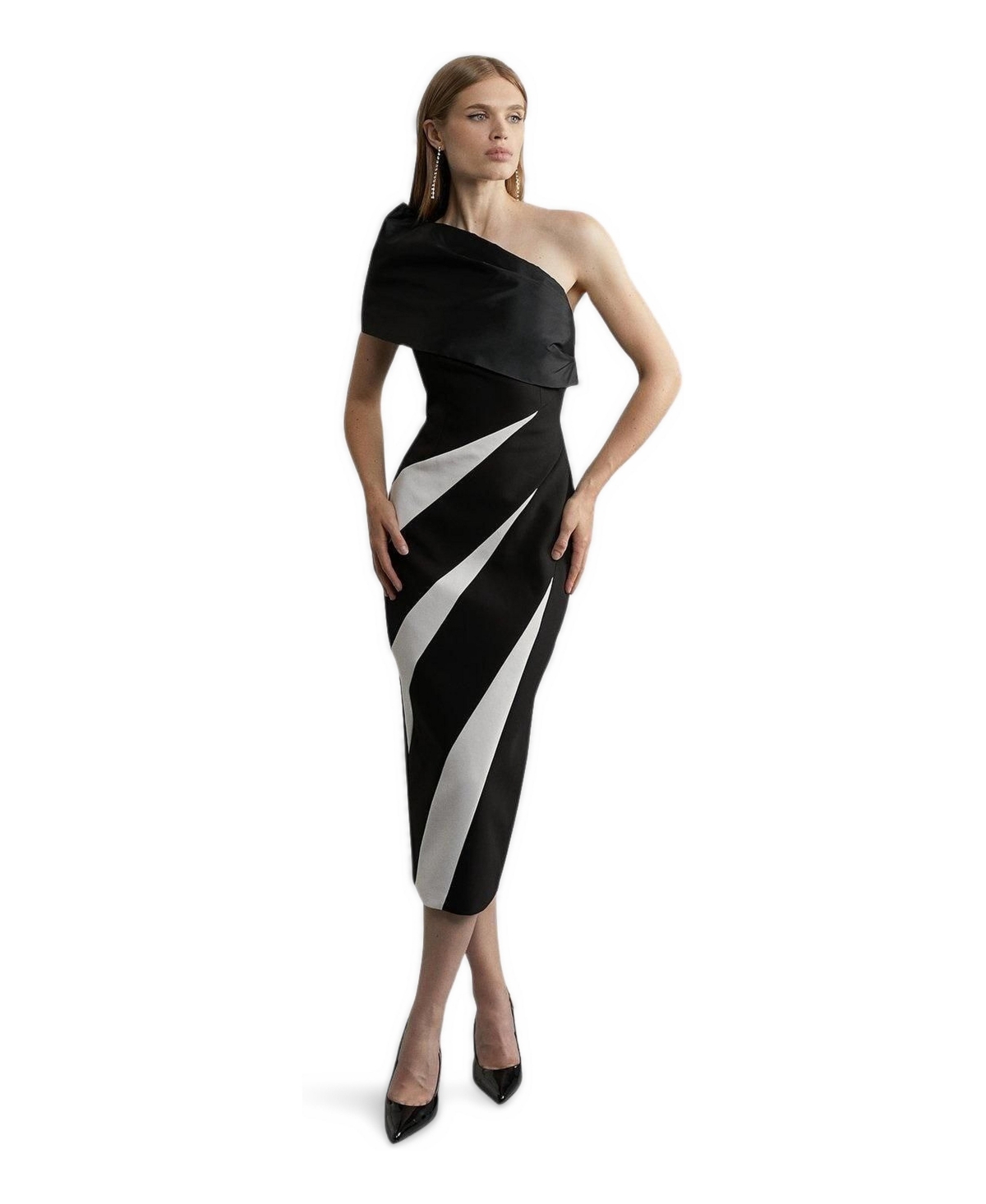 Karen Millen Women’s One Shoulder Panel Midi Dress – Mono