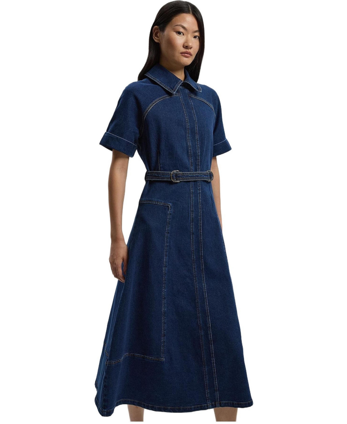Karen Millen Women’s Petite Stretch Denim Tab Belt Midi Dress – Mid wash Karen Millen Women’s Petite Stretch Denim Tab Belt Midi Dress – Mid wash