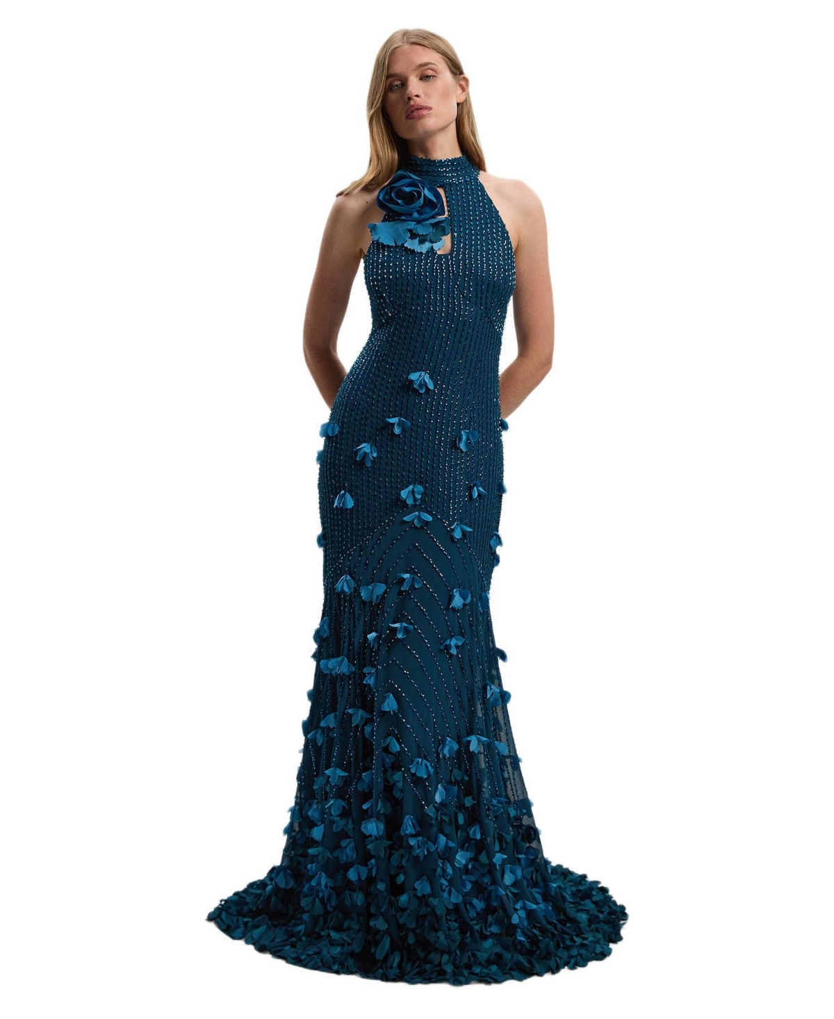 Karen Millen Women’s Petite Woven Maxi Rosette Dress – Teal Karen Millen Women’s Petite Woven Maxi Rosette Dress – Teal