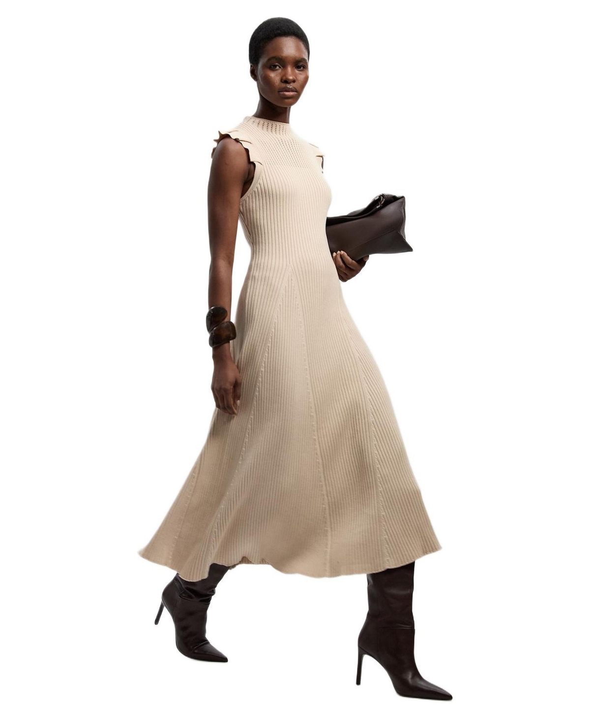 Karen Millen Women’s Pointelle Frill Sleeve Knit Midi Dress – Cream Karen Millen Women’s Pointelle Frill Sleeve Knit Midi Dress – Cream