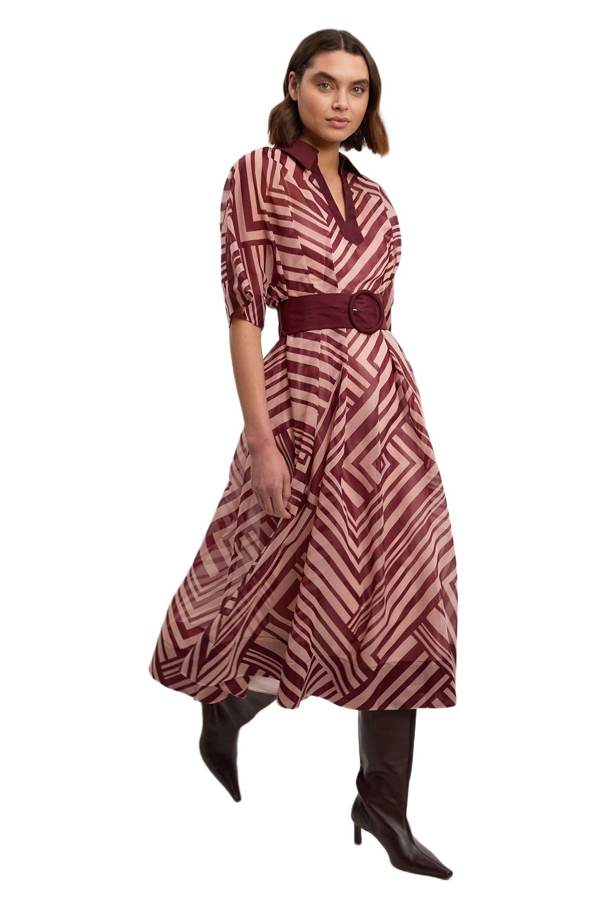 Karen Millen Women’s Printed 3/4 Sleeve Plunge Midi Dress – Stripe