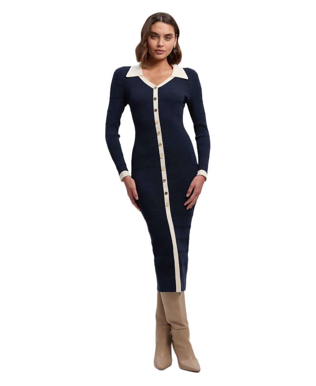 Karen Millen Women’s Rib Contrast Button Knit Midi Dress – Navy Karen Millen Women’s Rib Contrast Button Knit Midi Dress – Navy