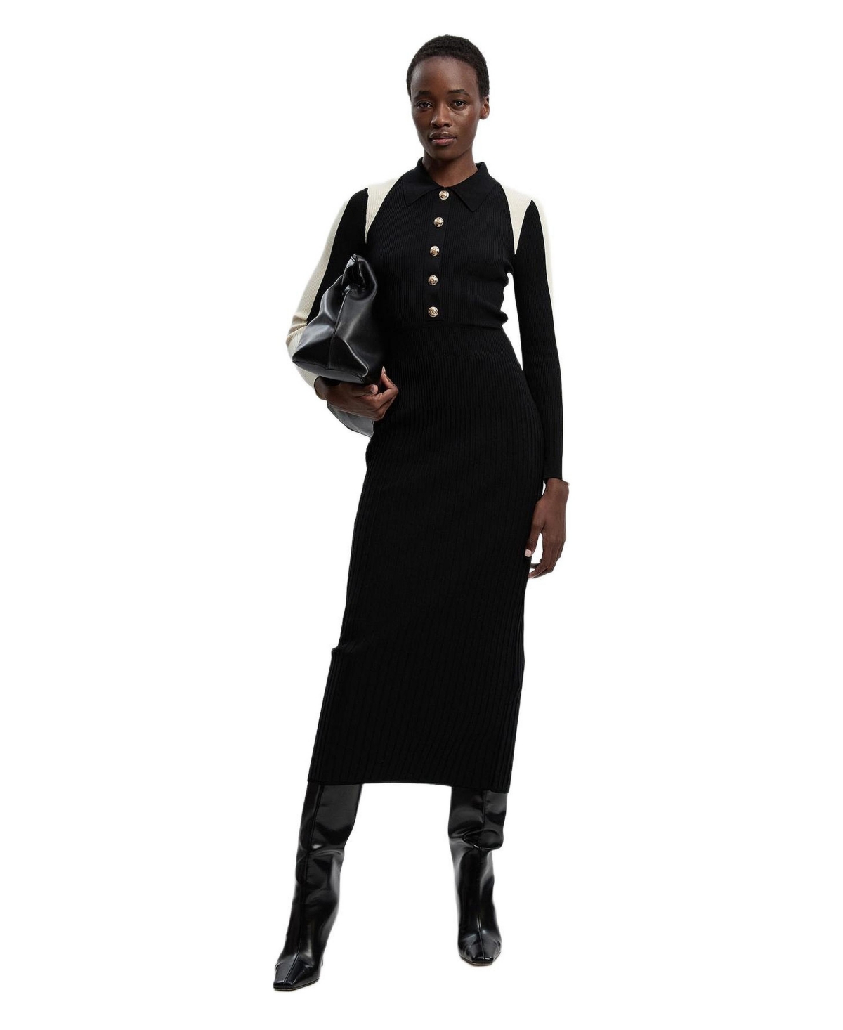 Karen Millen Women’s Rib Knit Long Sleeve Military Midi Dress – Black