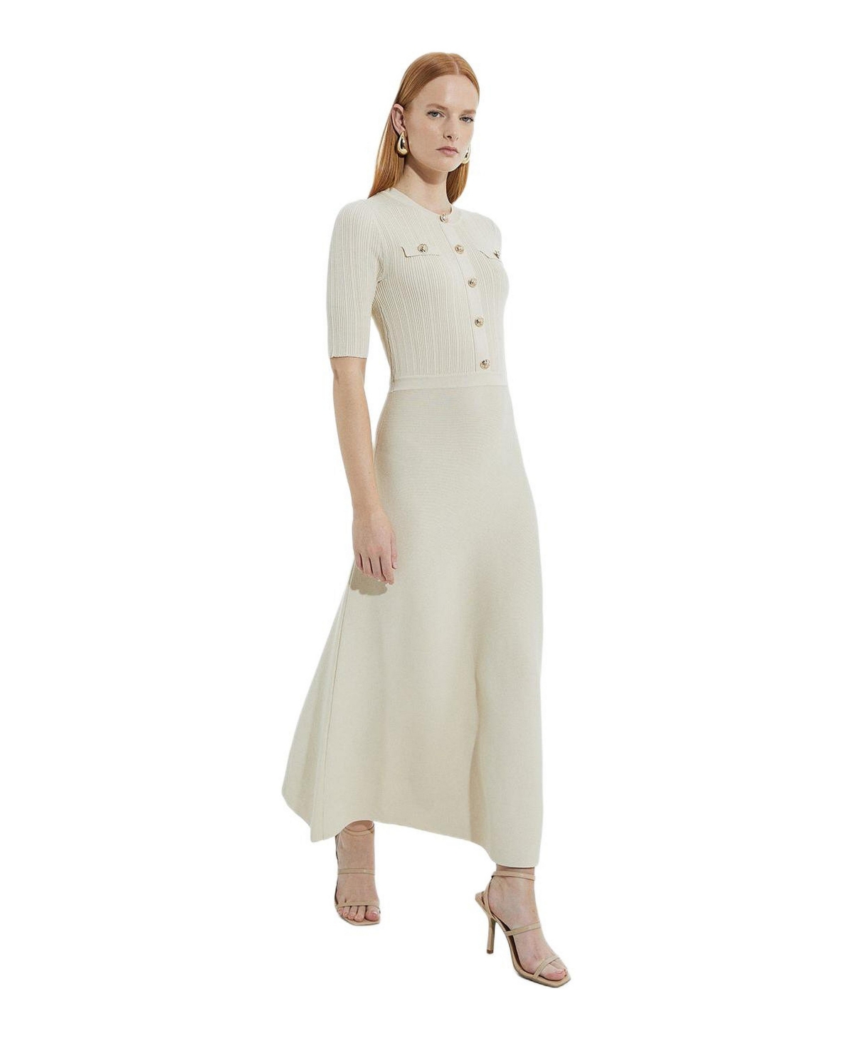Karen Millen Women’s Rib Knit Military Trim Maxi Dress – Cream Karen Millen Women’s Rib Knit Military Trim Maxi Dress – Cream