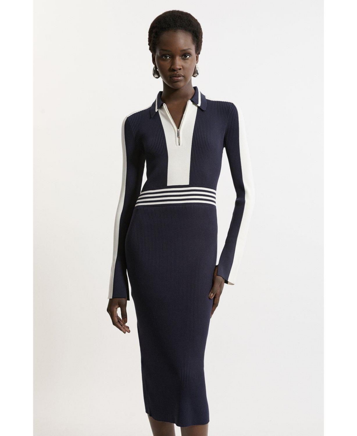 Karen Millen Women’s Rib Knit Polo Zip Up Midi Dress – Navy Karen Millen Women’s Rib Knit Polo Zip Up Midi Dress – Navy