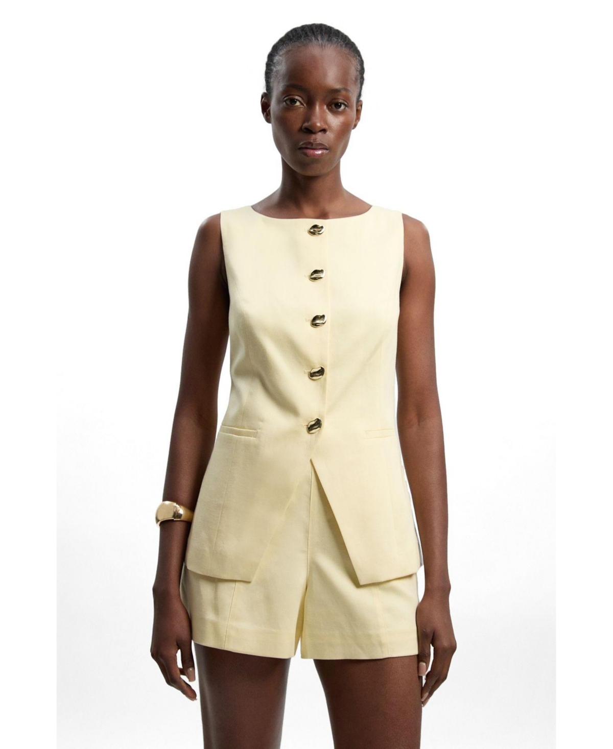 Karen Millen Women’s Round Neck Button Waistcoat – Lemon