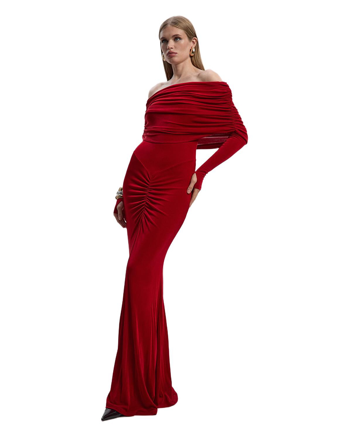 Karen Millen Women’s Ruched Off Shoulder Fishtail Maxi Dress – Red Karen Millen Women’s Ruched Off Shoulder Fishtail Maxi Dress – Red