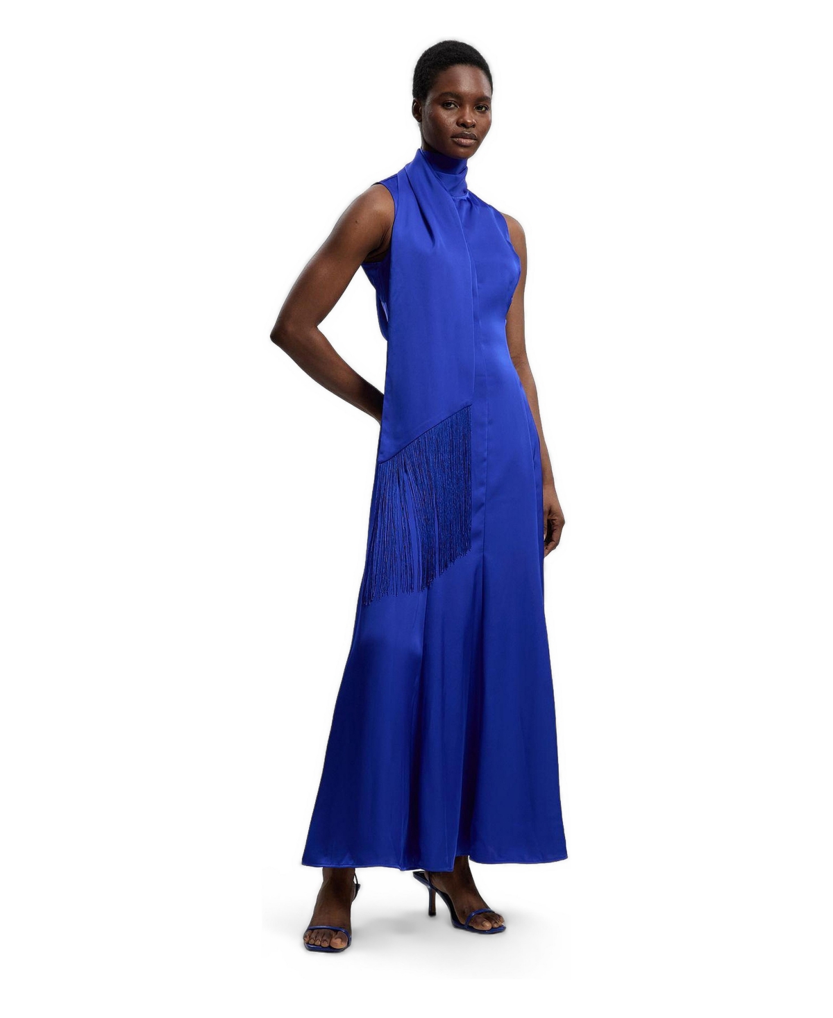 Karen Millen Women’s Satin Cowl Neck Scarf Fringe Maxi Dress – Cobalt Karen Millen Women’s Satin Cowl Neck Scarf Fringe Maxi Dress – Cobalt