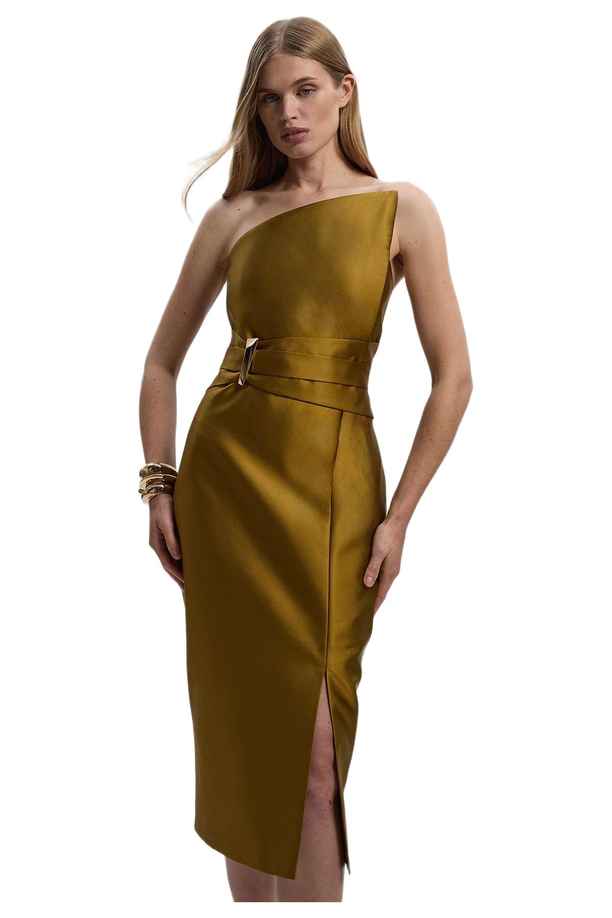 Karen Millen Women’s Satin Twill Asymmetric Neck Midi Dress – Gold Karen Millen Women’s Satin Twill Asymmetric Neck Midi Dress – Gold