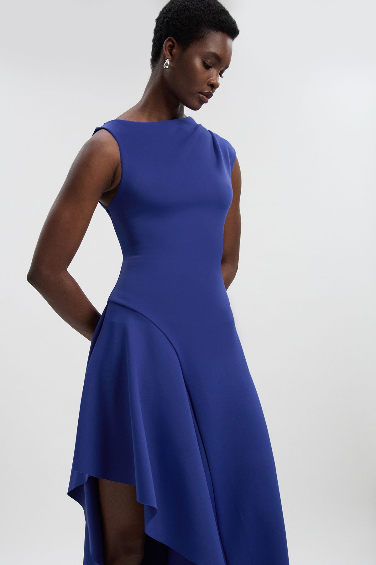 Karen Millen Women’s Scuba Drama Ruffle Hem Woven Maxi Dress – Navy
